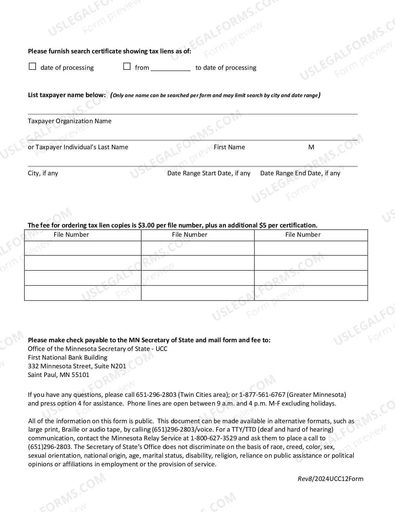 Preview Tax Lien Standard Search or Copy Request Form
