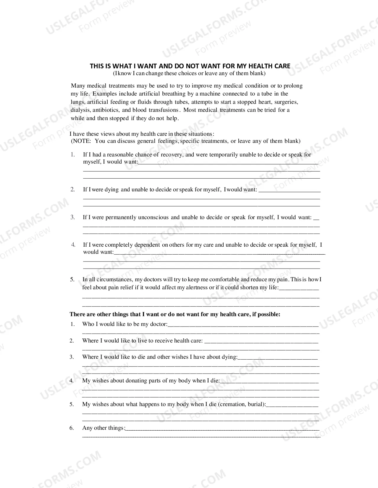 Preview Health Care Directive (Living Will)