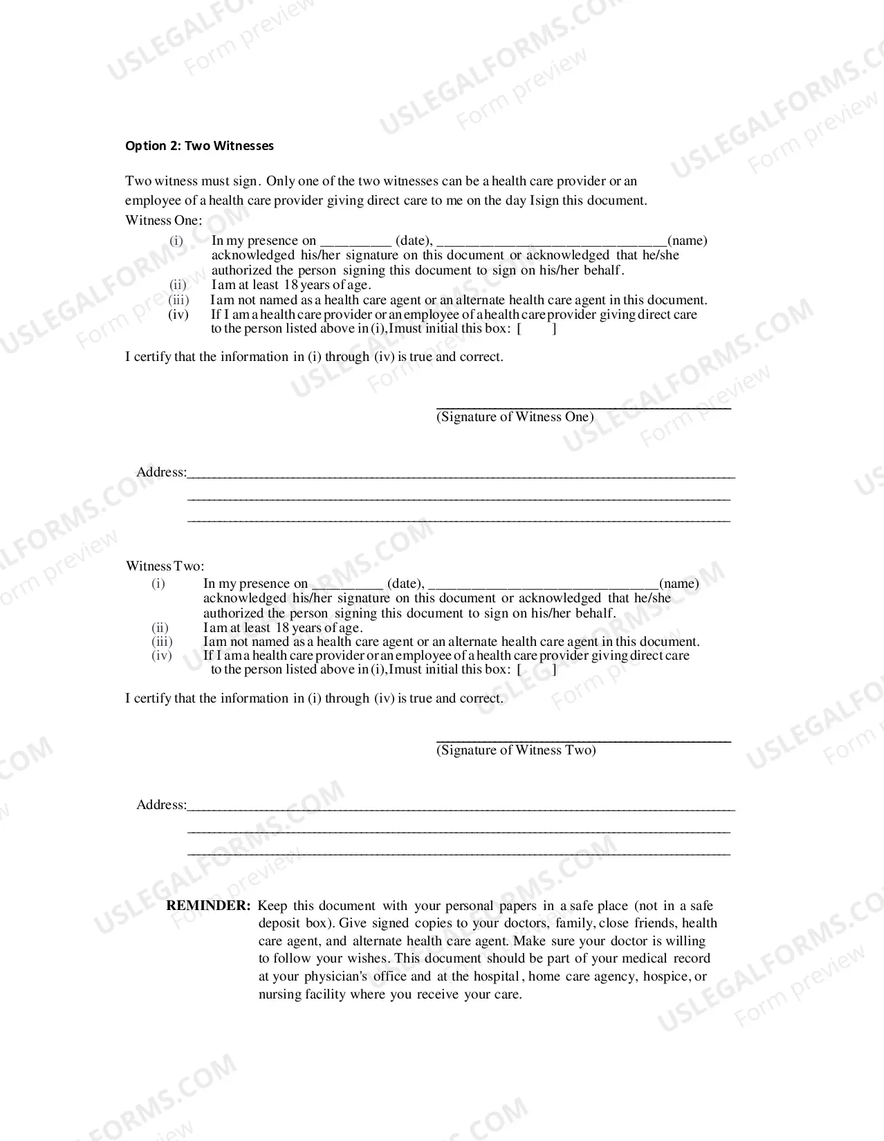Preview Health Care Directive (Living Will)