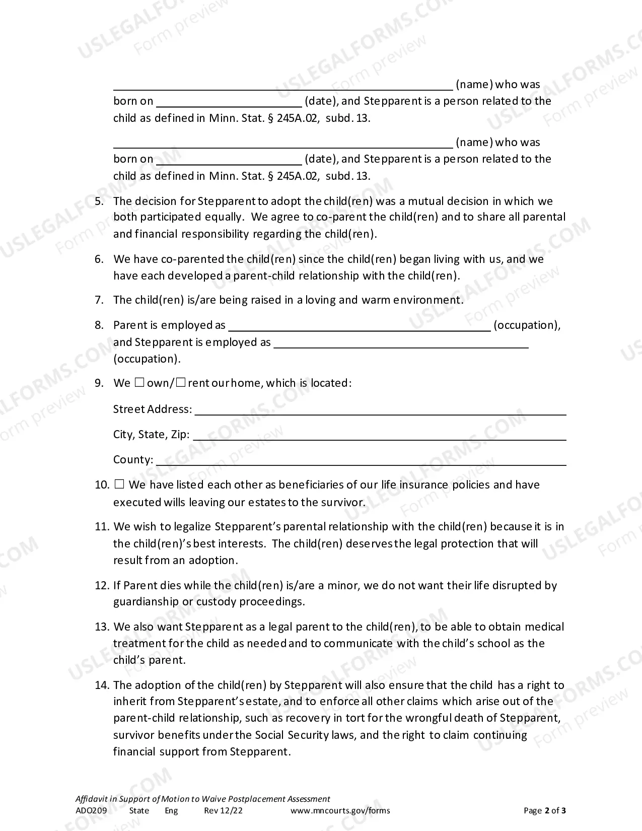 Preview Affidavit To Waive Post Placement Assessment