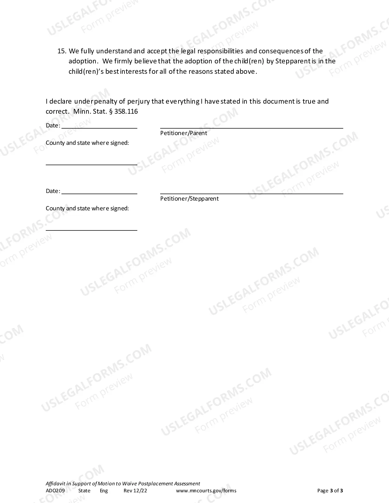 Preview Affidavit To Waive Post Placement Assessment