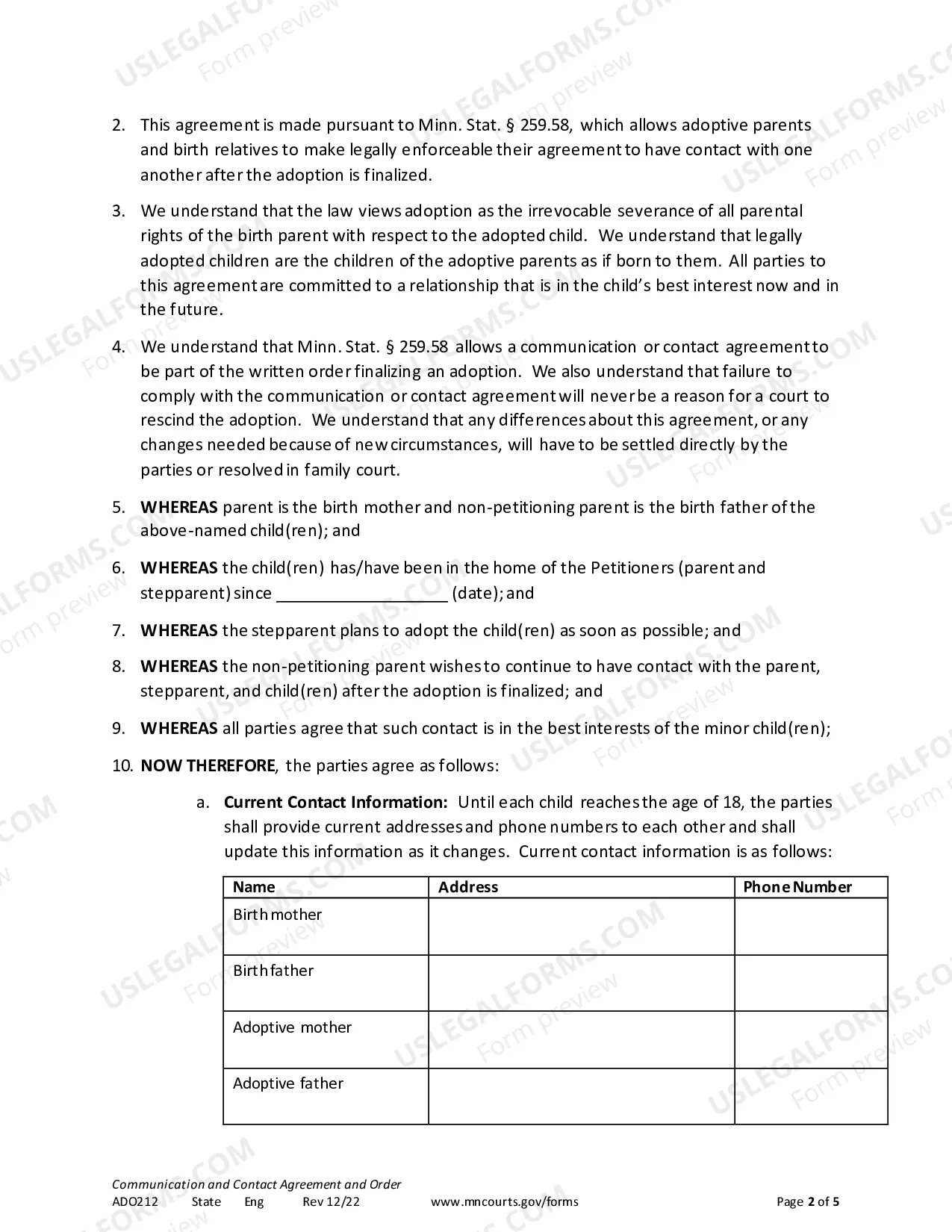 Preview Communication and Contact Agreement and Order (Stepparent)