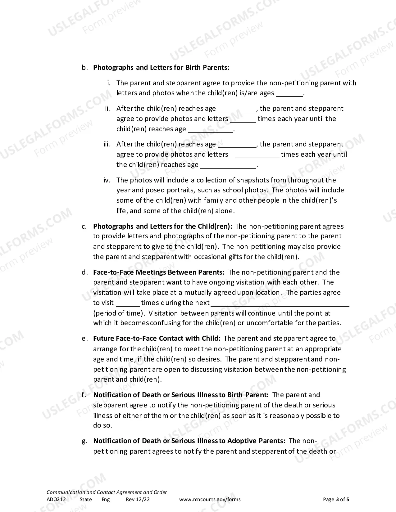 Preview Communication and Contact Agreement and Order (Stepparent)