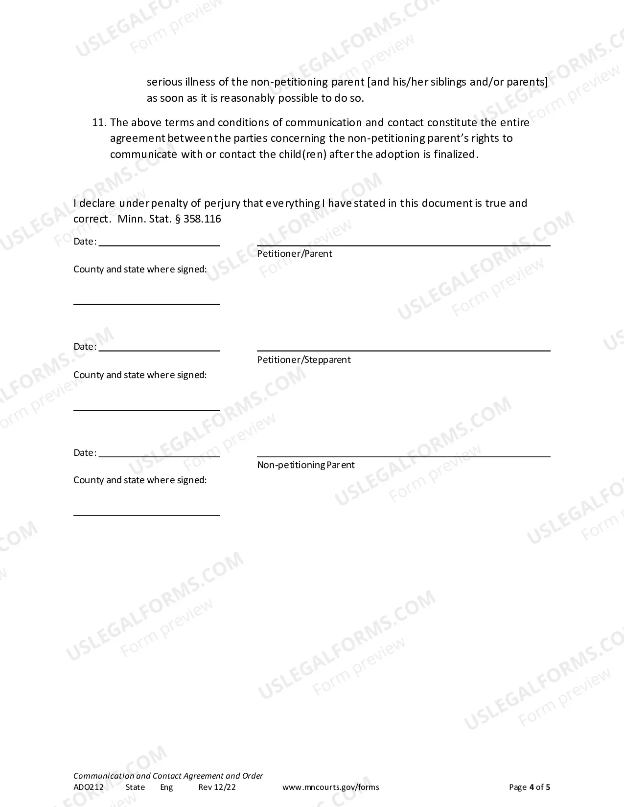 Preview Communication and Contact Agreement and Order (Stepparent)