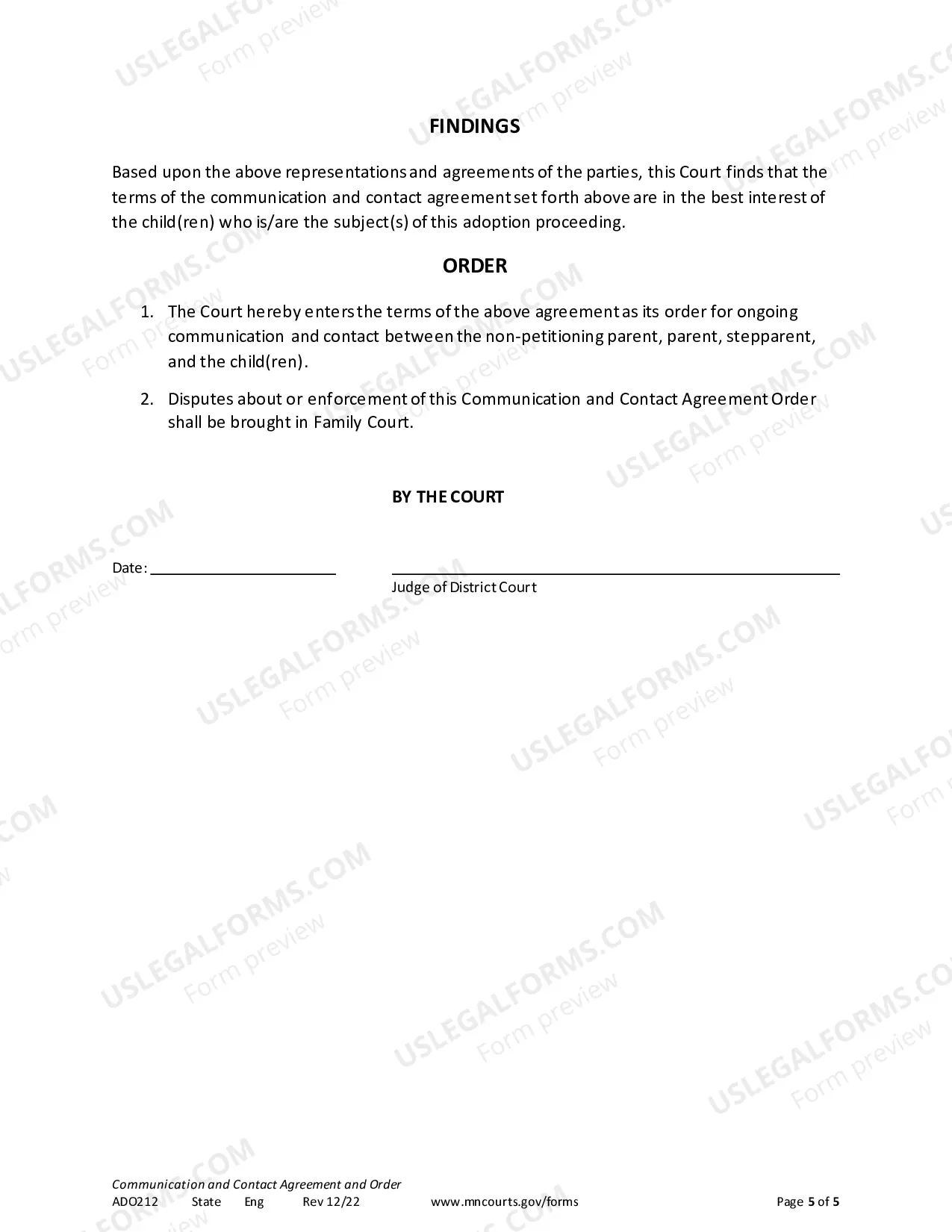 Preview Communication and Contact Agreement and Order (Stepparent)