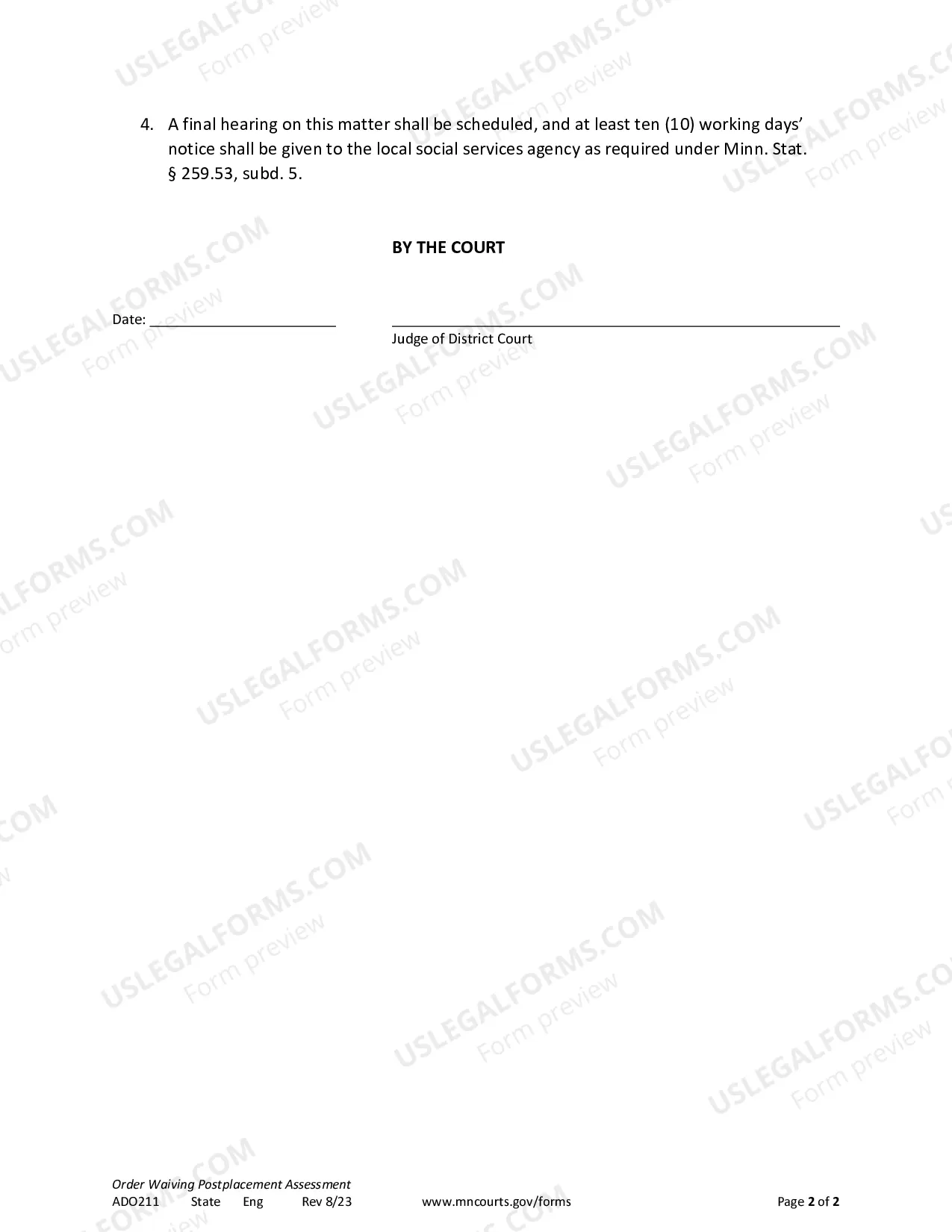 Preview Order Waiving Post Placement Assessment
