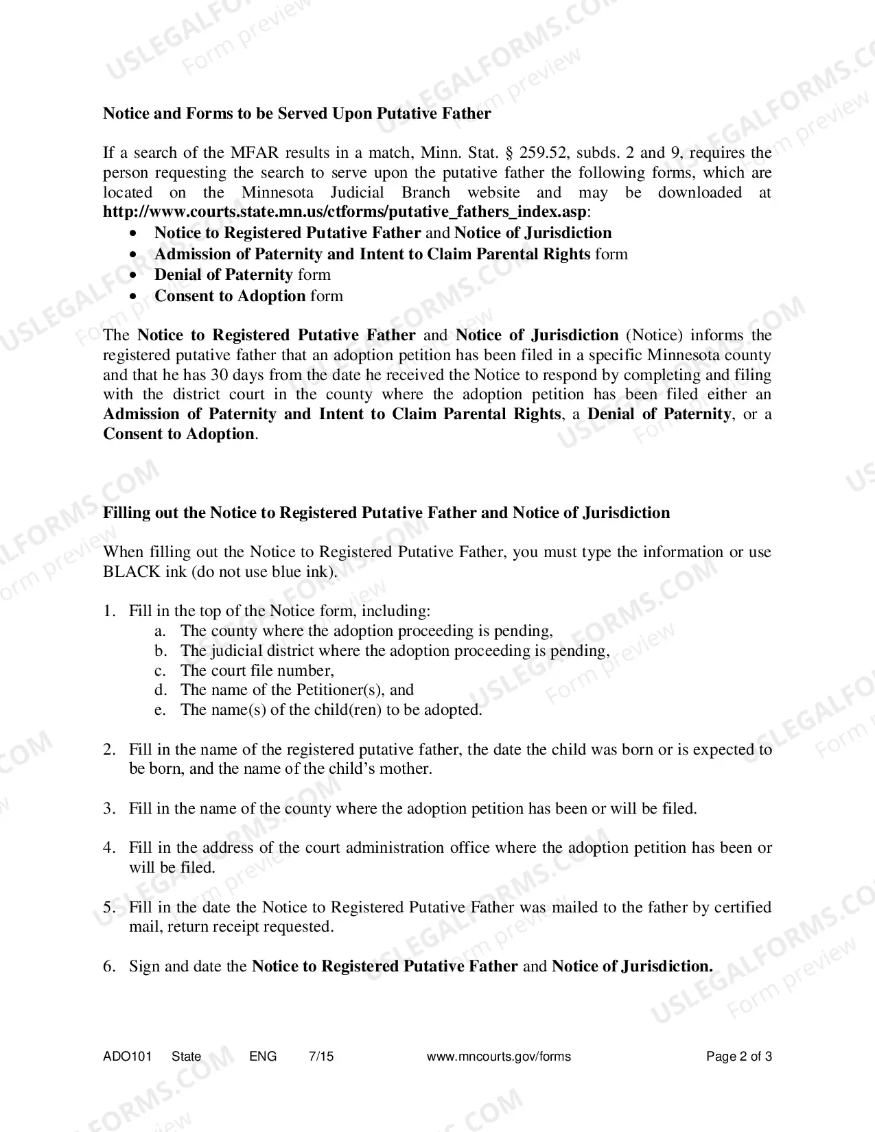 Preview Instructions for Father's Adoption Registry Consents and Denials