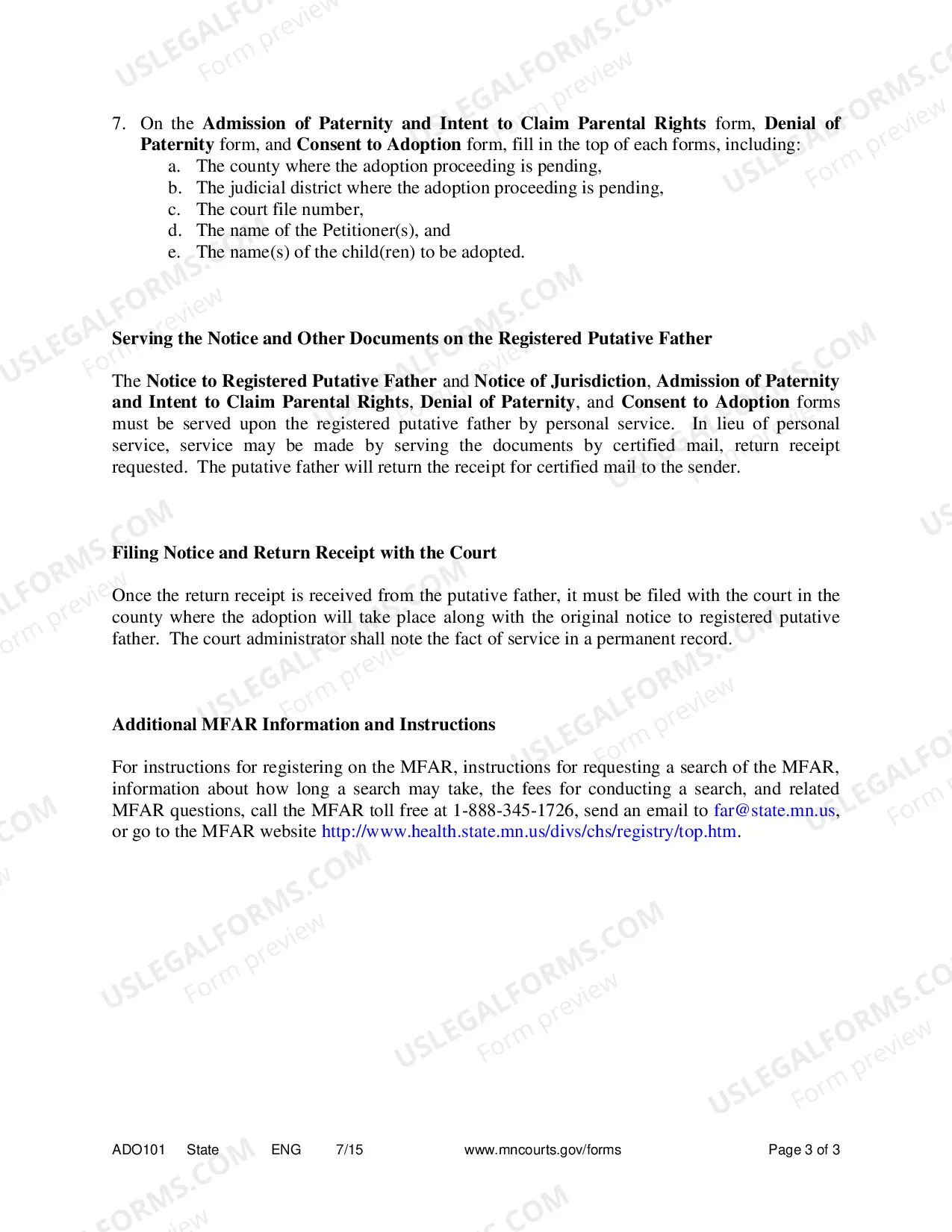 Preview Instructions for Father's Adoption Registry Consents and Denials