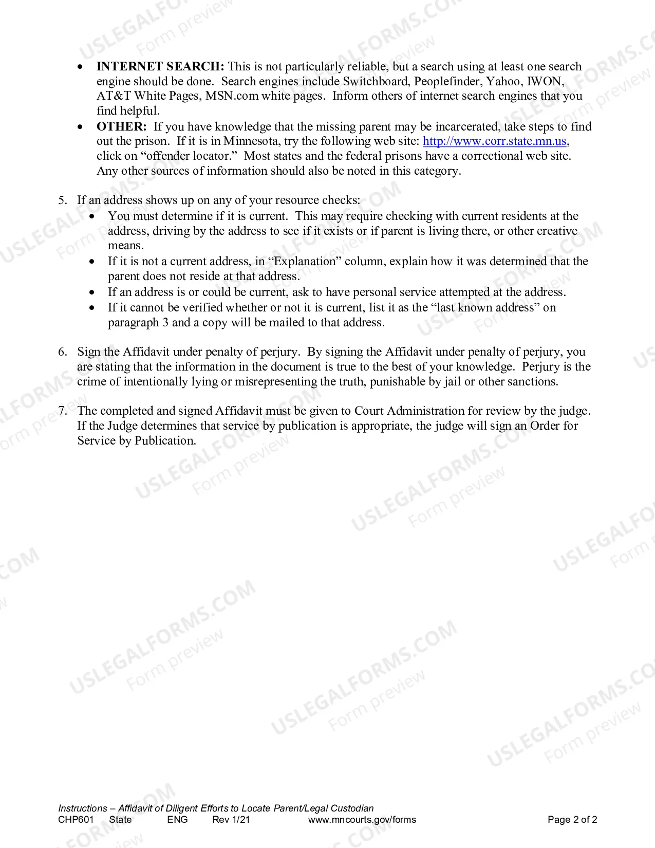 Preview Instructions - Affidavit of Diligent Efforts and Order for Service by Publication