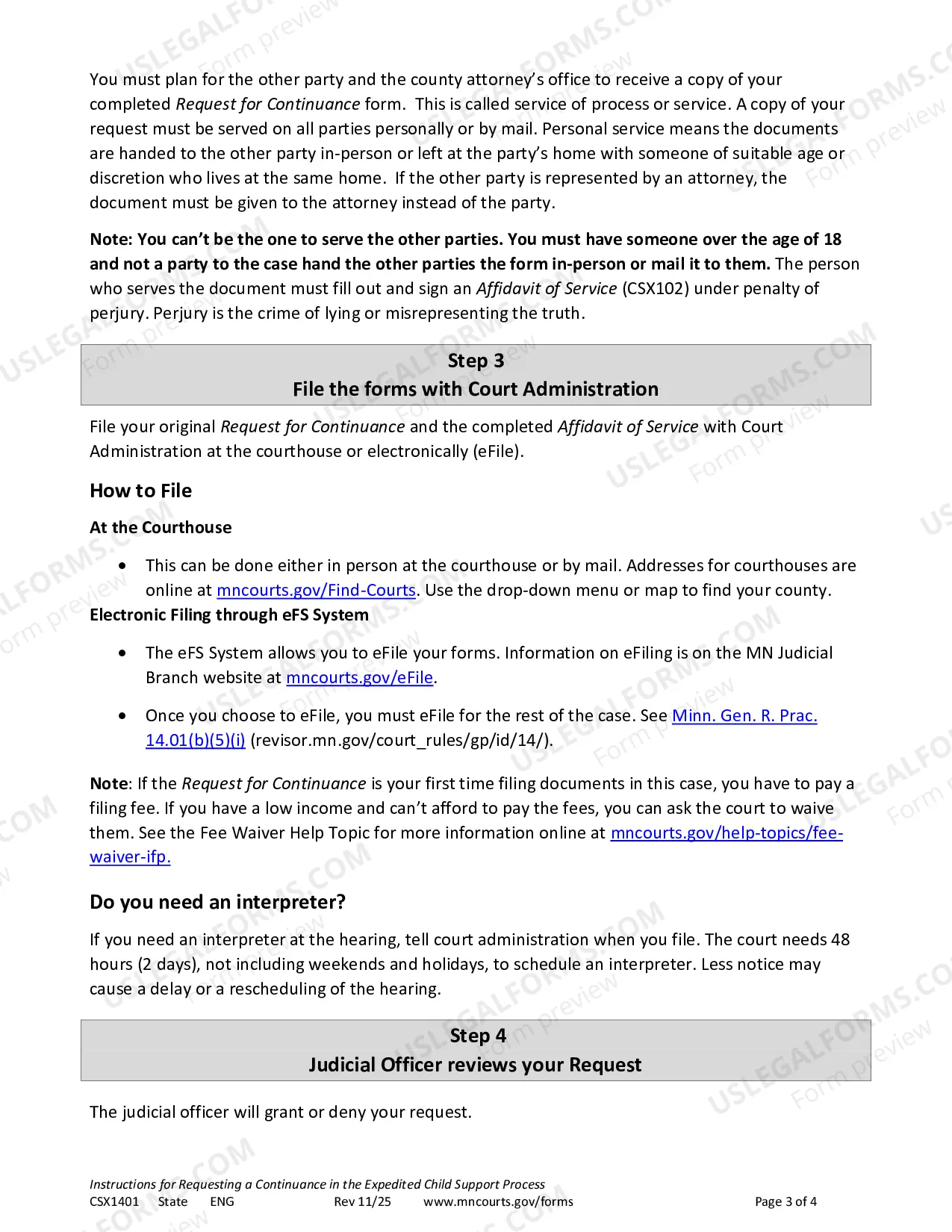 Preview Instructions - Request for Continuance