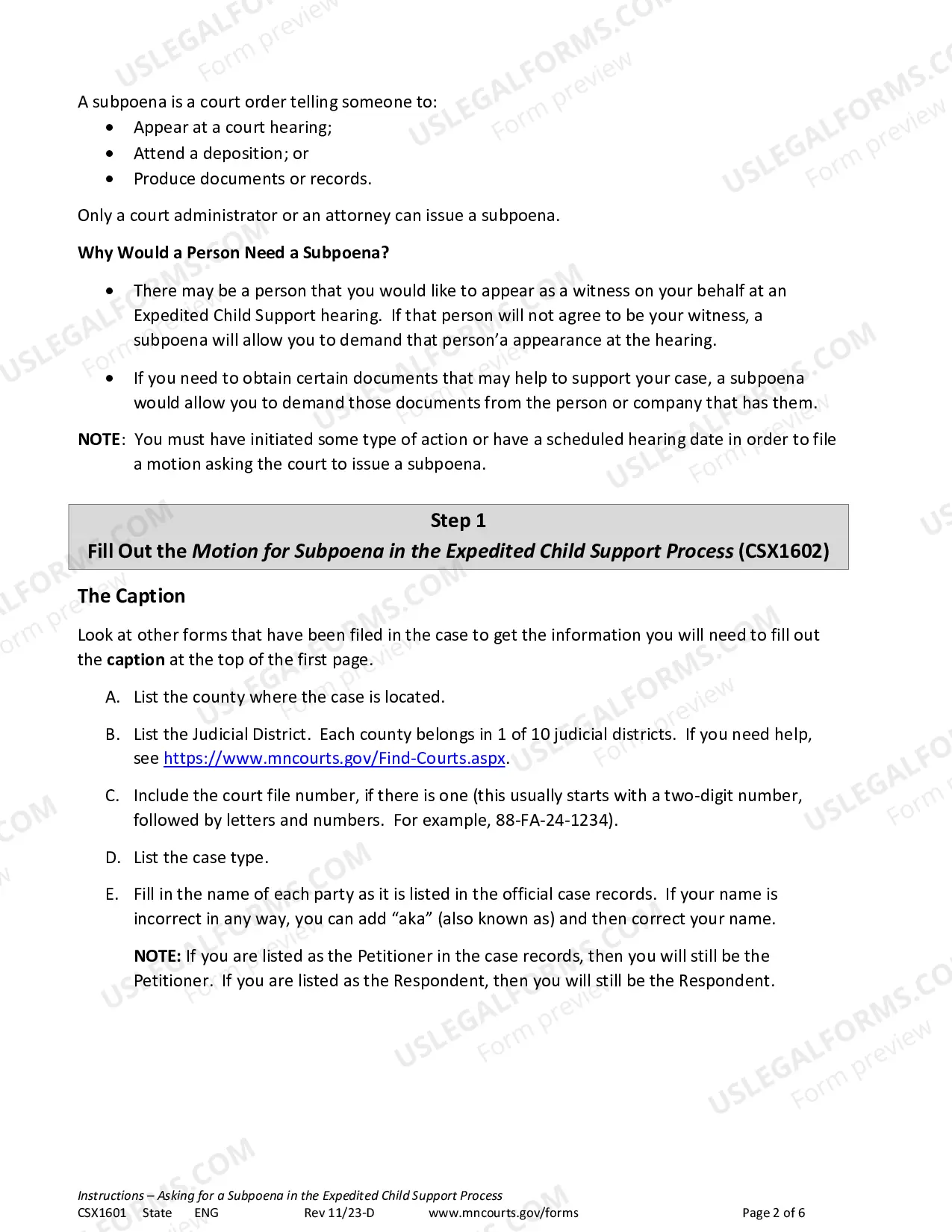 Preview Instructions - Request for Subpoena
