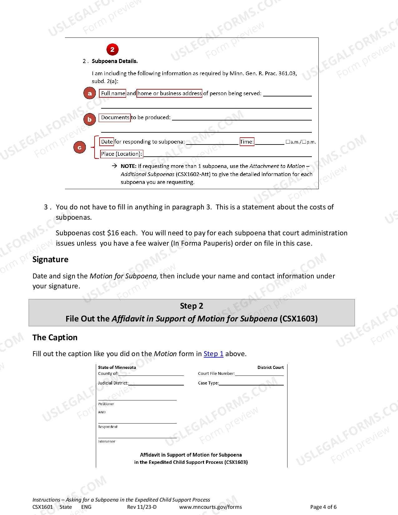 Preview Instructions - Request for Subpoena
