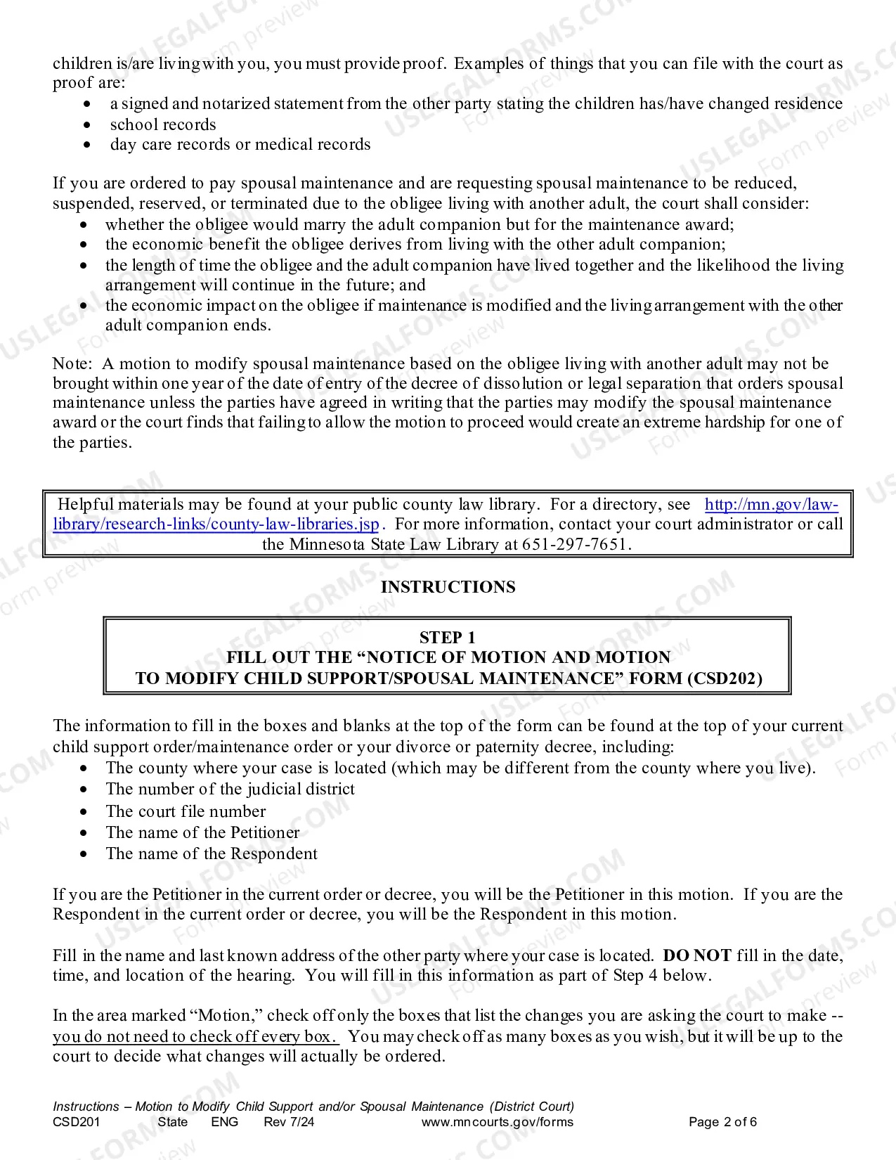 Preview Instructions - Motion to Modify Child Support and/or Spousal Maintenance