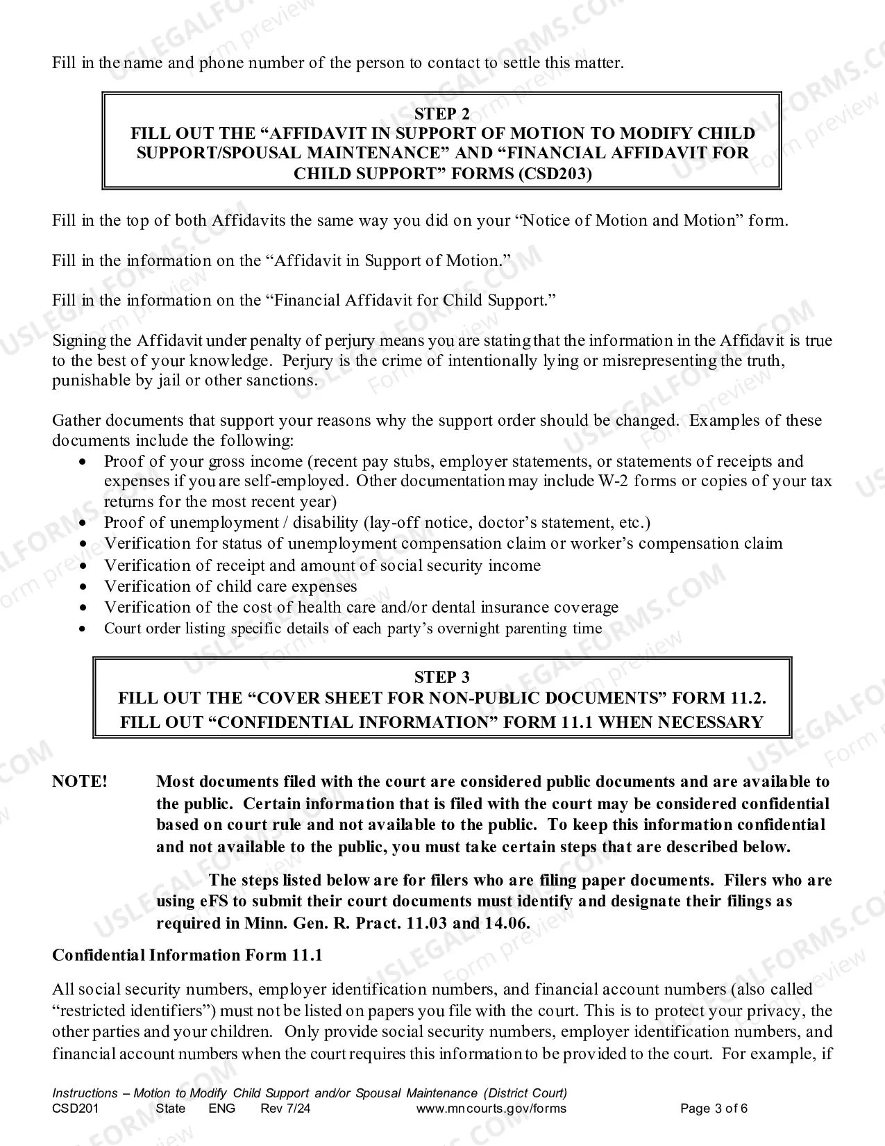 Preview Instructions - Motion to Modify Child Support and/or Spousal Maintenance