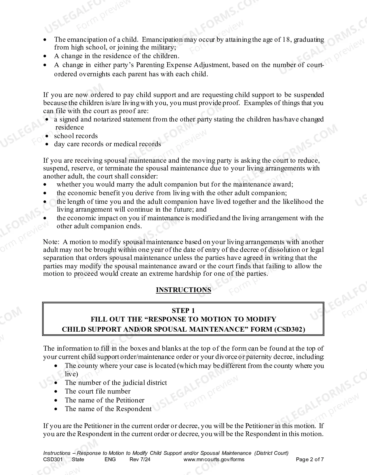 Preview Instructions - Response to Motion to Modify Child Support and/or Spousal Maintenance