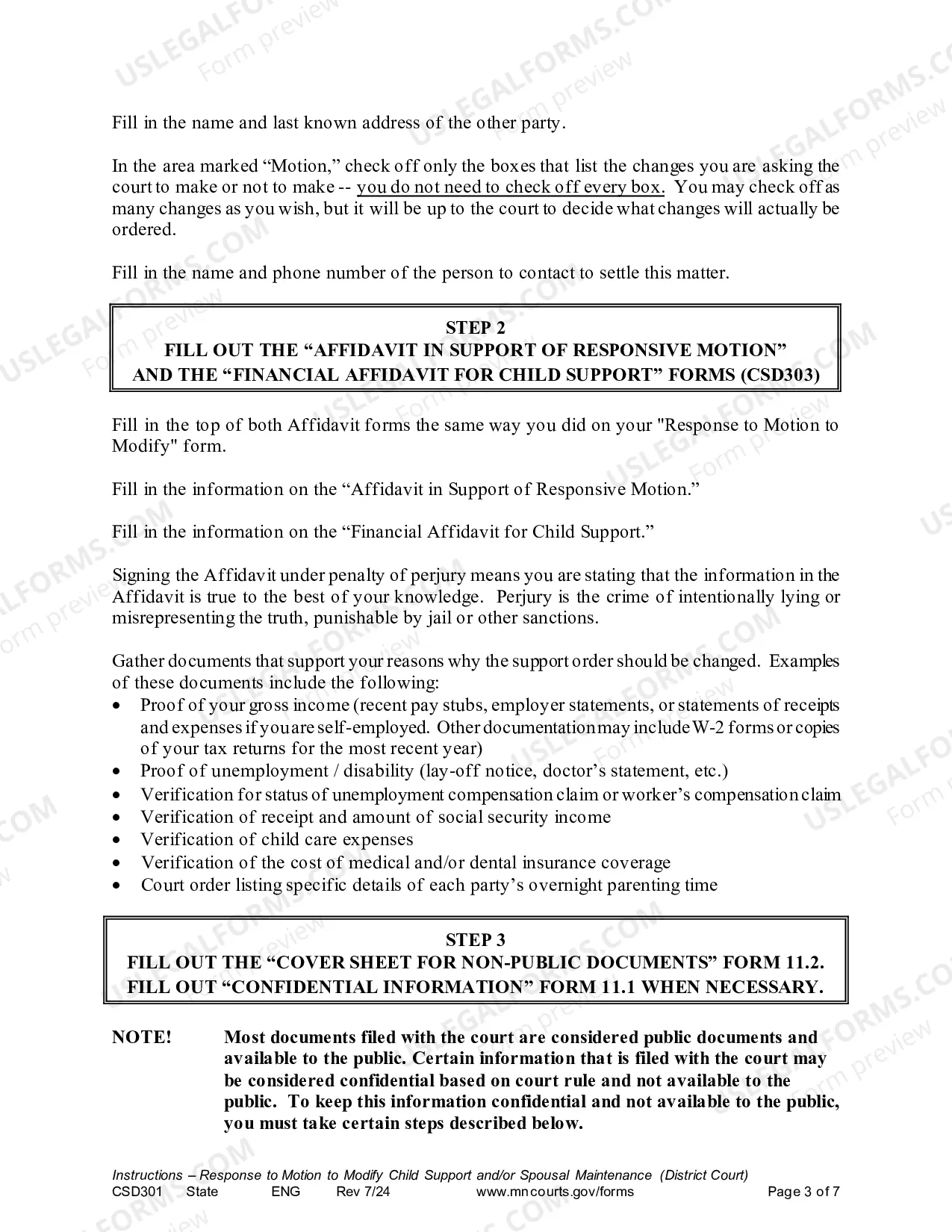 Preview Instructions - Response to Motion to Modify Child Support and/or Spousal Maintenance