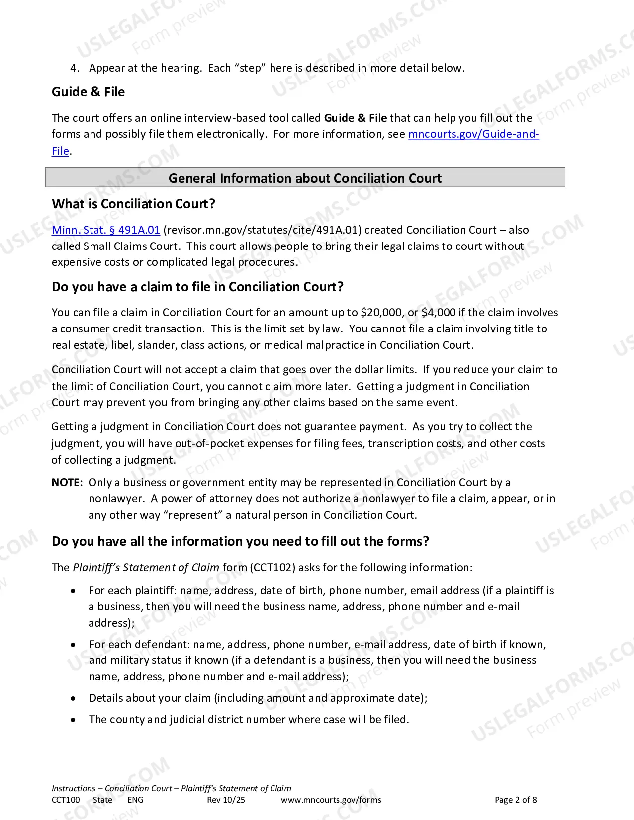 Preview Instructions - Conciliation Court Statement of Claim and Summons