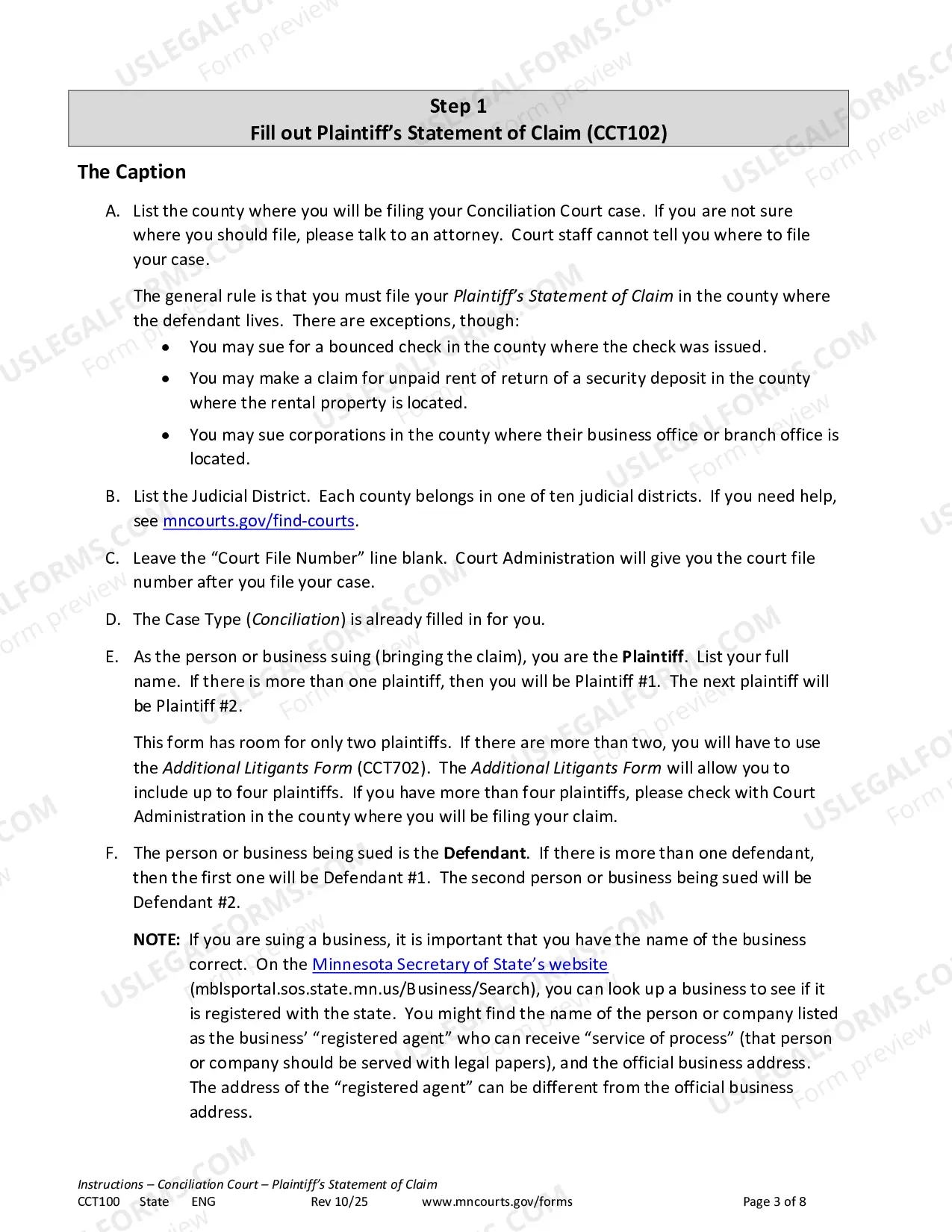 Preview Instructions - Conciliation Court Statement of Claim and Summons