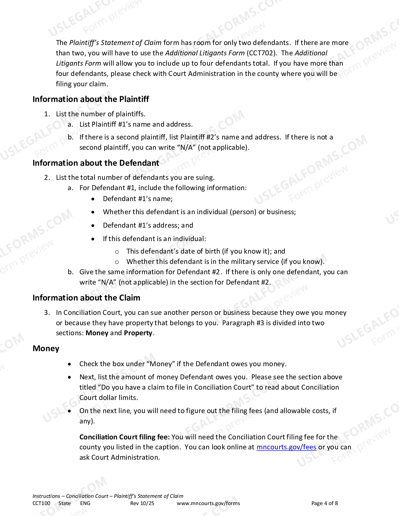 Preview Instructions - Conciliation Court Statement of Claim and Summons