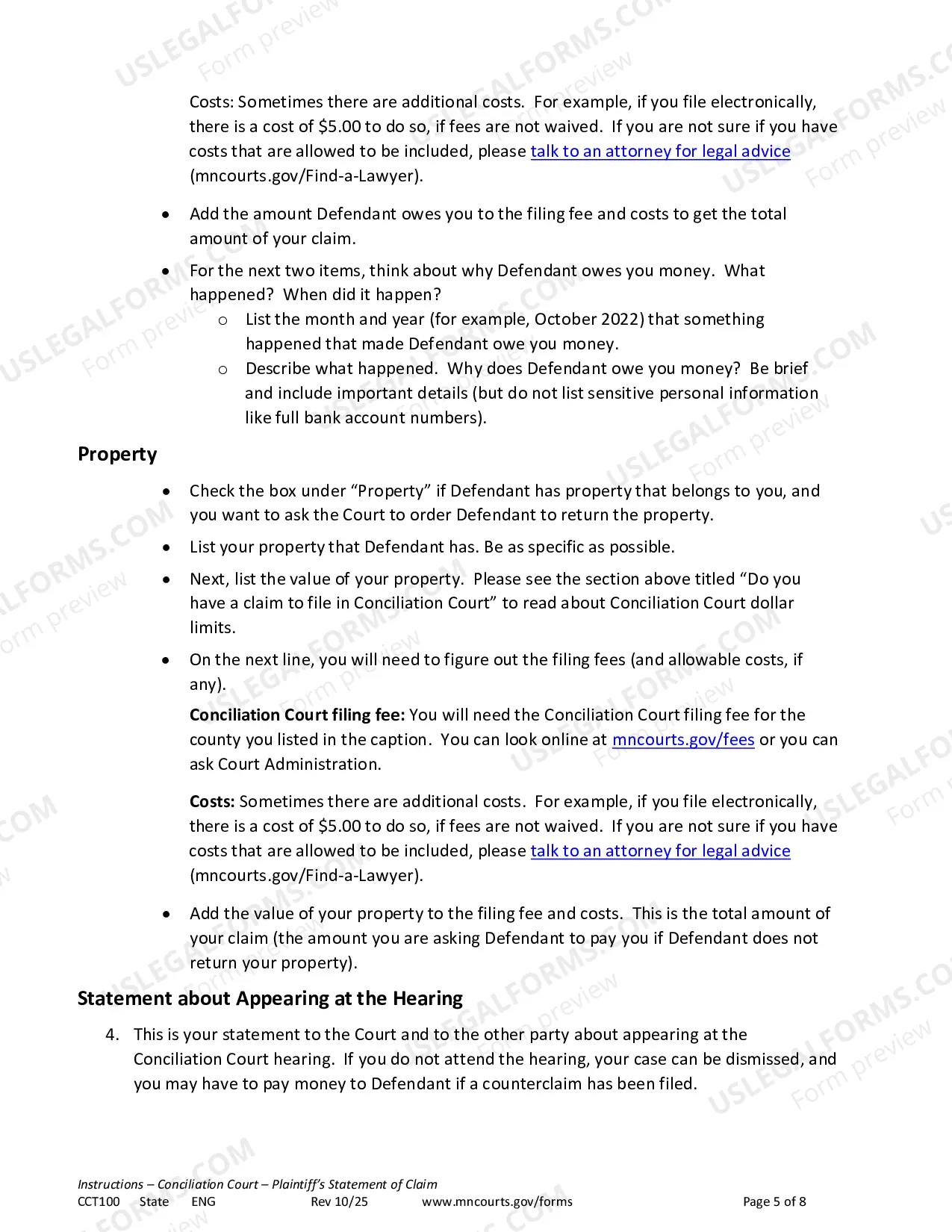 Preview Instructions - Conciliation Court Statement of Claim and Summons