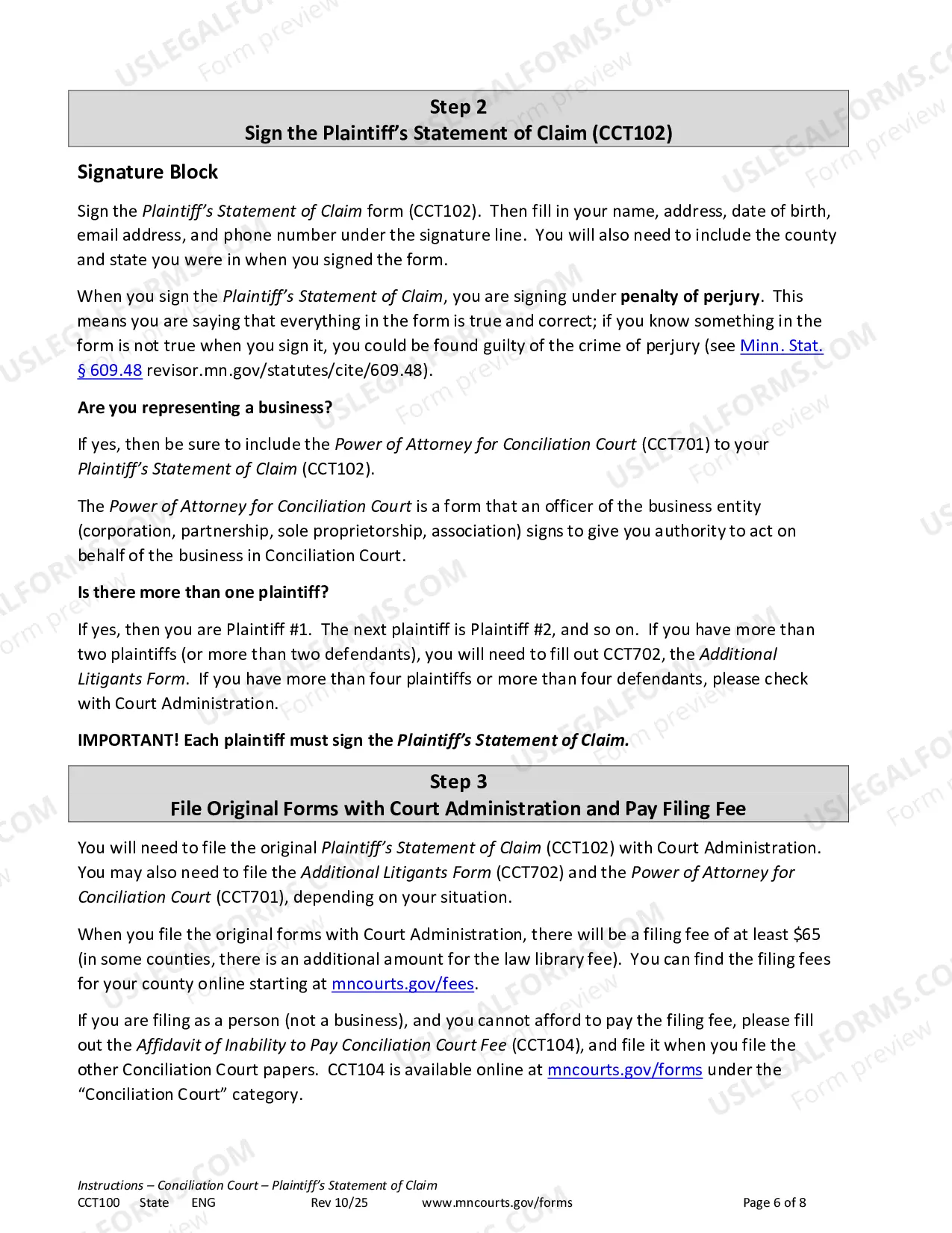 Preview Instructions - Conciliation Court Statement of Claim and Summons