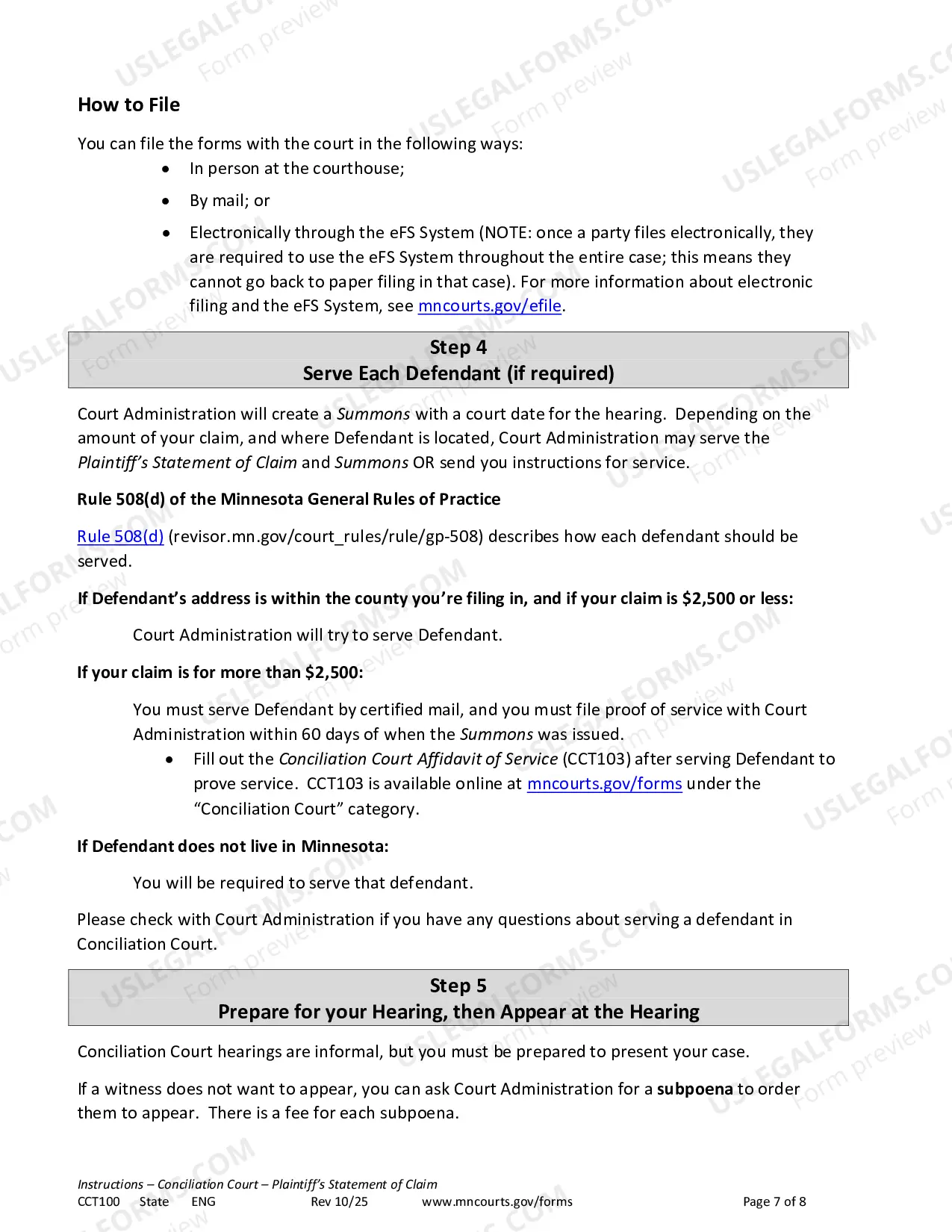 Preview Instructions - Conciliation Court Statement of Claim and Summons