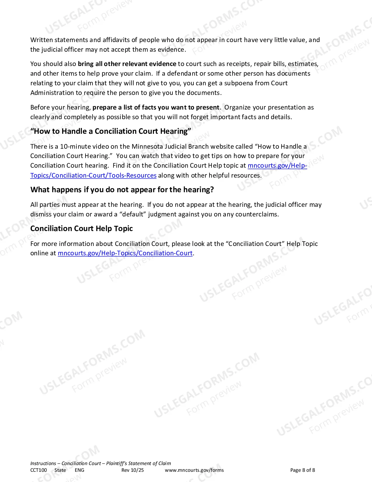 Preview Instructions - Conciliation Court Statement of Claim and Summons