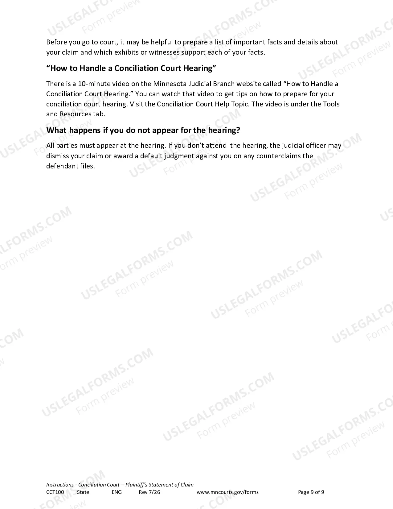 Preview Instructions - Conciliation Court Statement of Claim and Summons