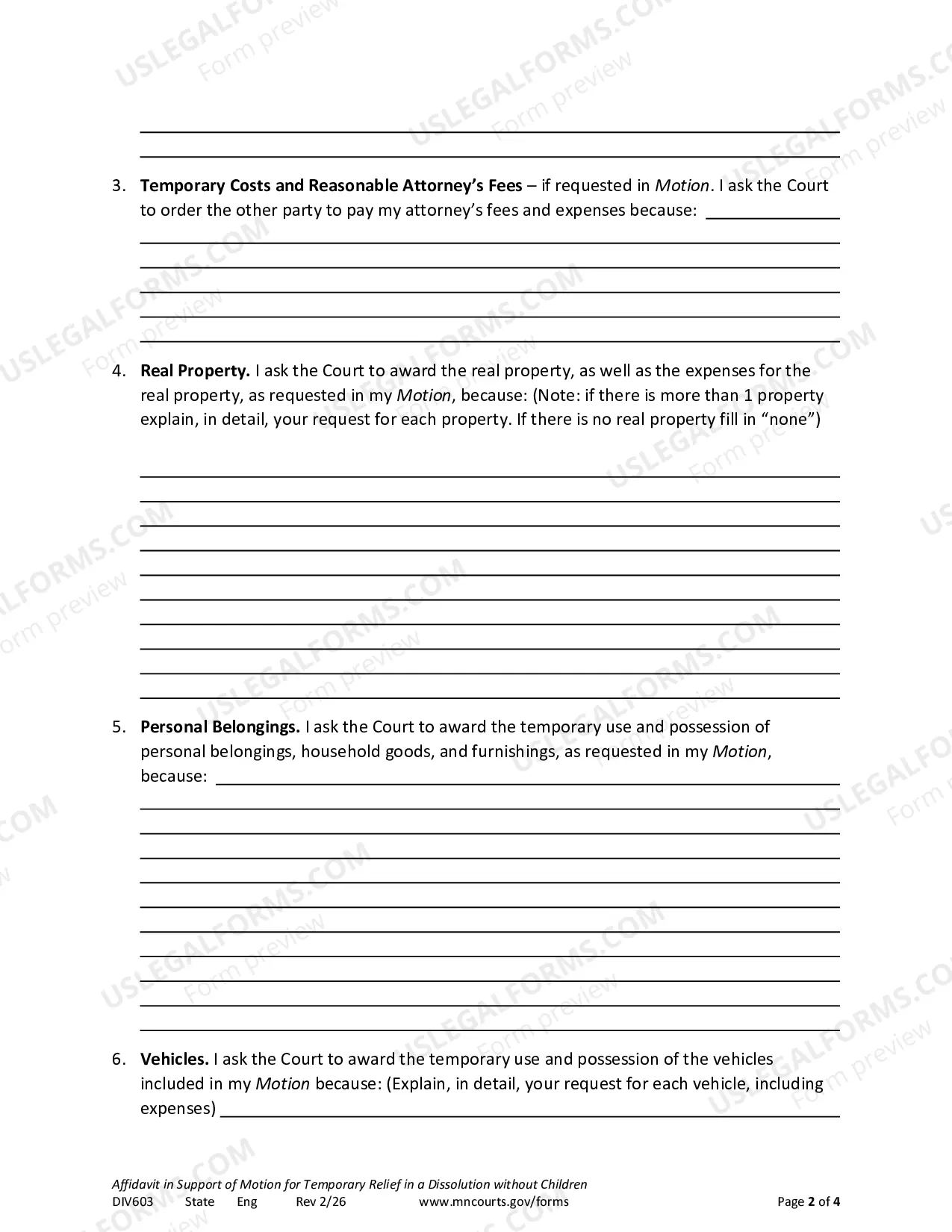 Preview Affidavit In Support of Motion For Temporary Relief Without Children