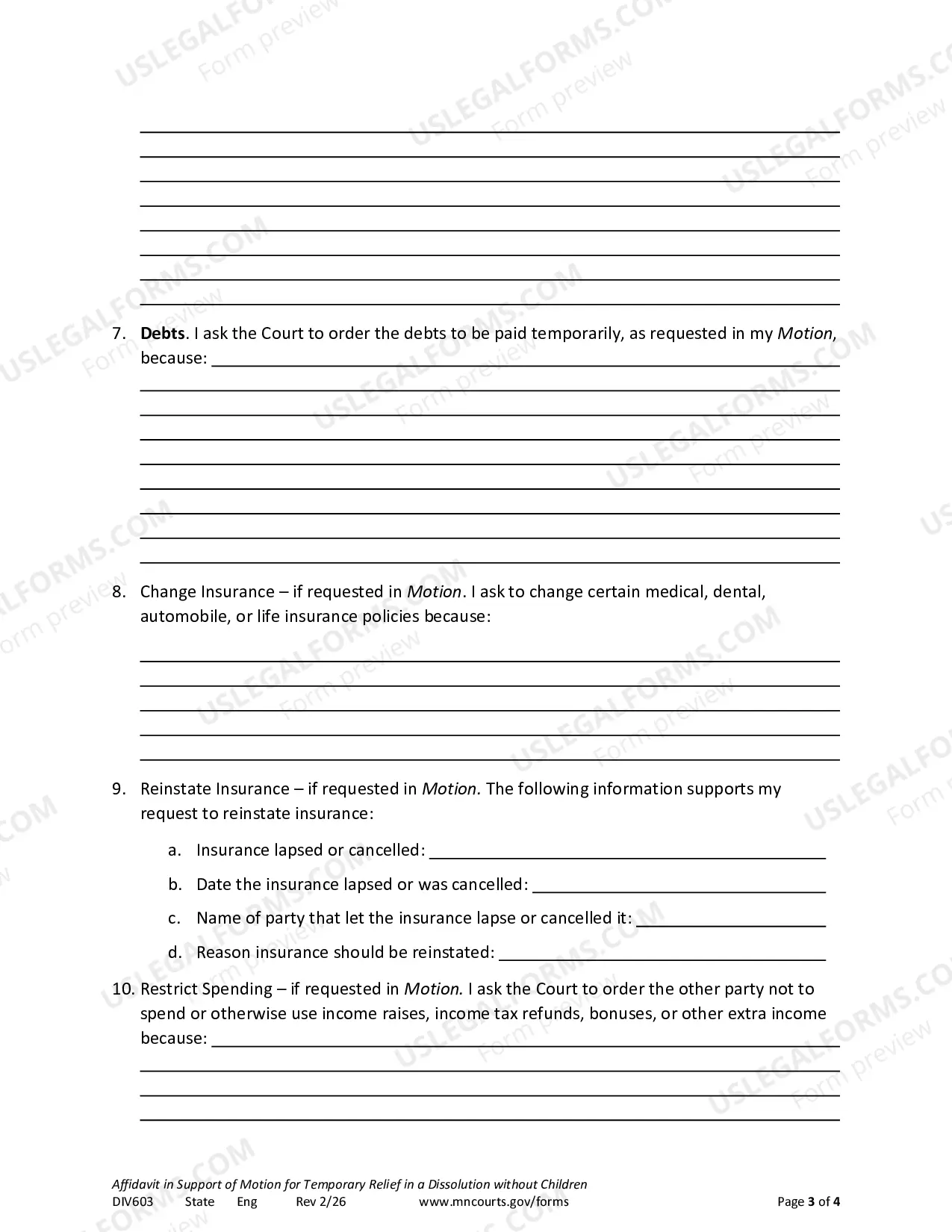 Preview Affidavit In Support of Motion For Temporary Relief Without Children