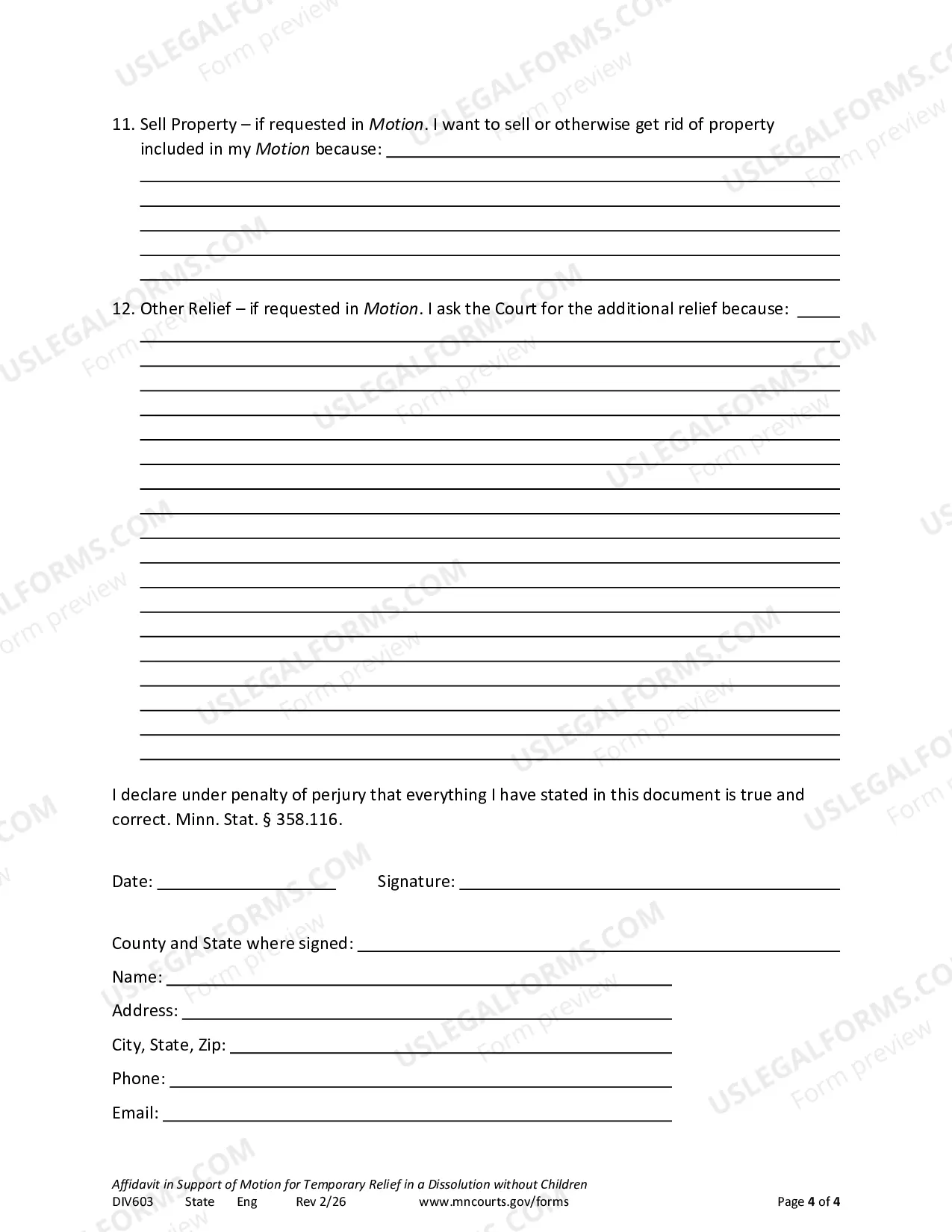 Preview Affidavit In Support of Motion For Temporary Relief Without Children