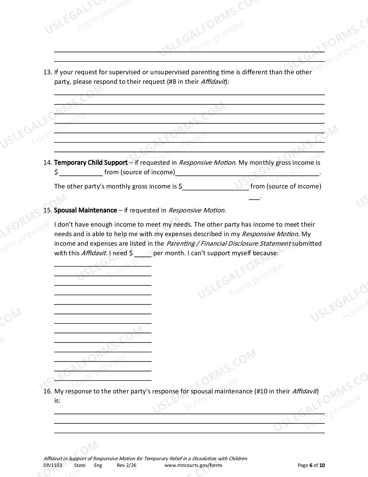 Preview Affidavit In Support of Responsive Motion For Temporary Relief With Children