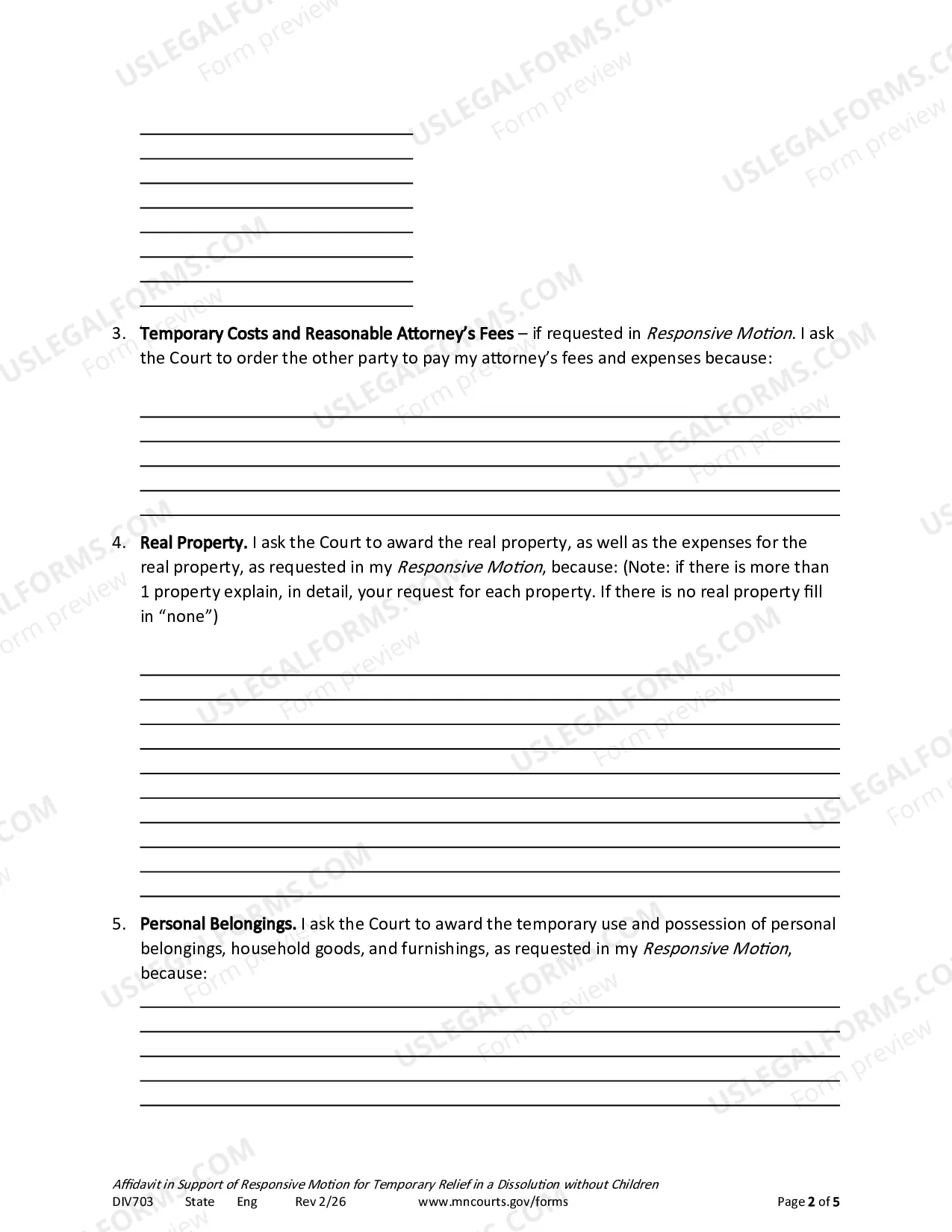 Preview Affidavit In Support of Responsive Motion For Temporary Relief Without Children