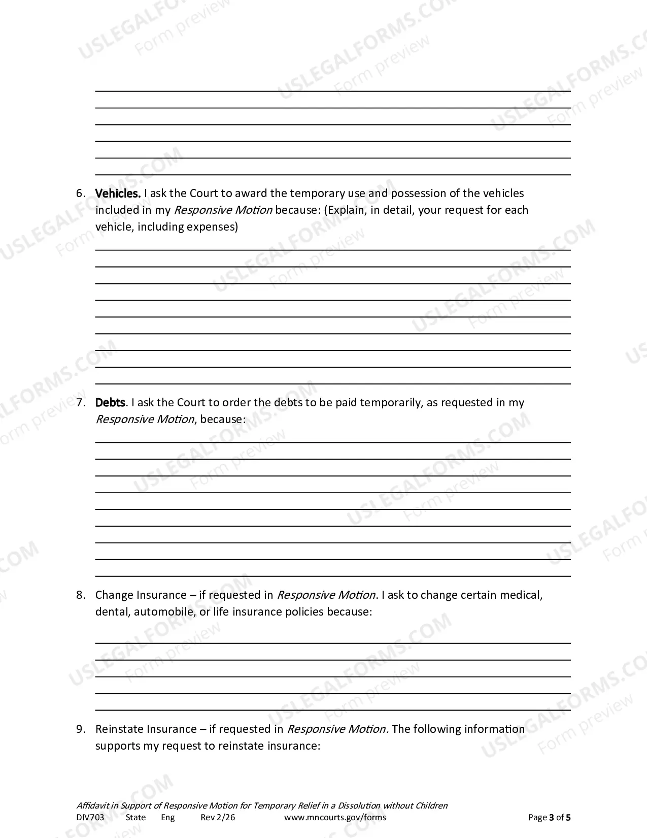 Preview Affidavit In Support of Responsive Motion For Temporary Relief Without Children
