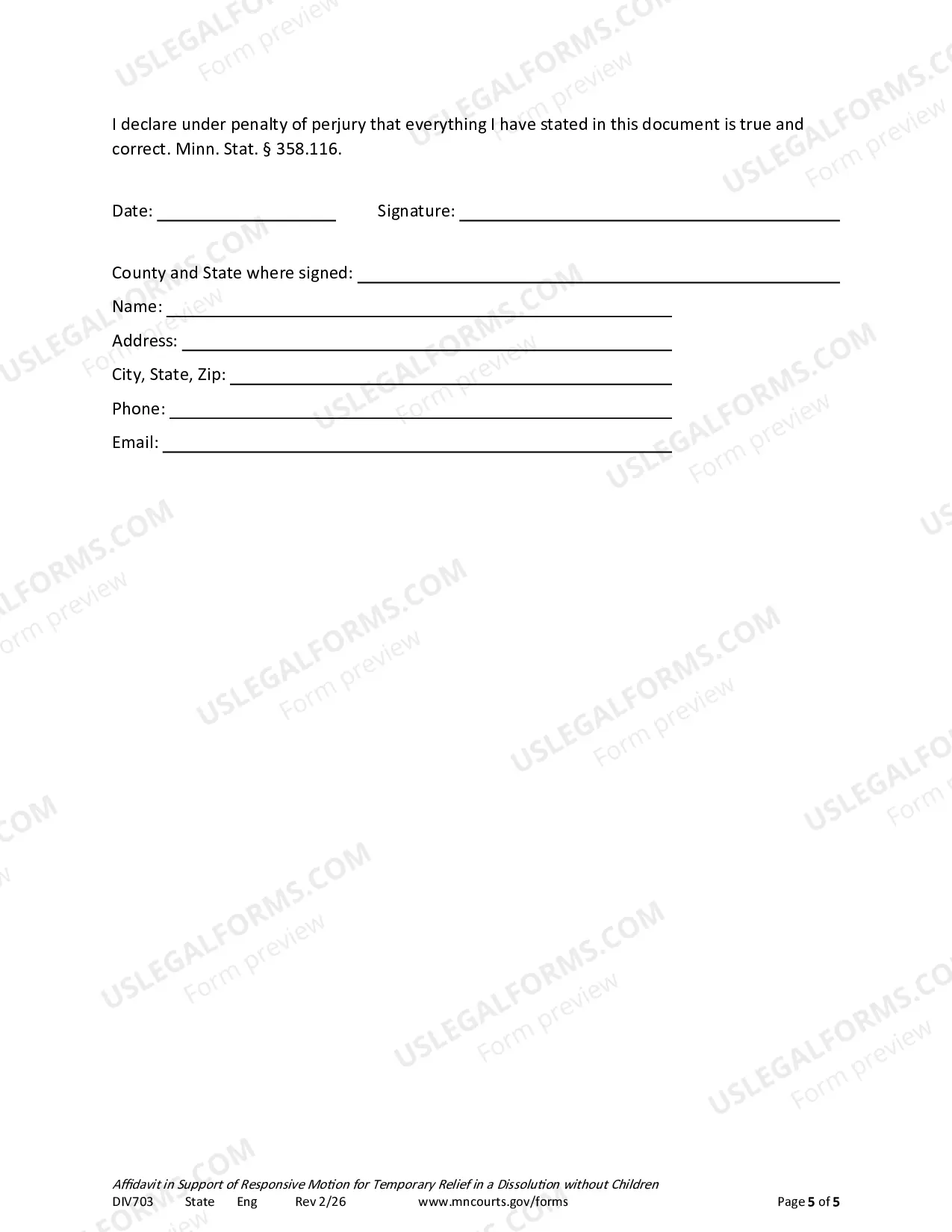 Preview Affidavit In Support of Responsive Motion For Temporary Relief Without Children