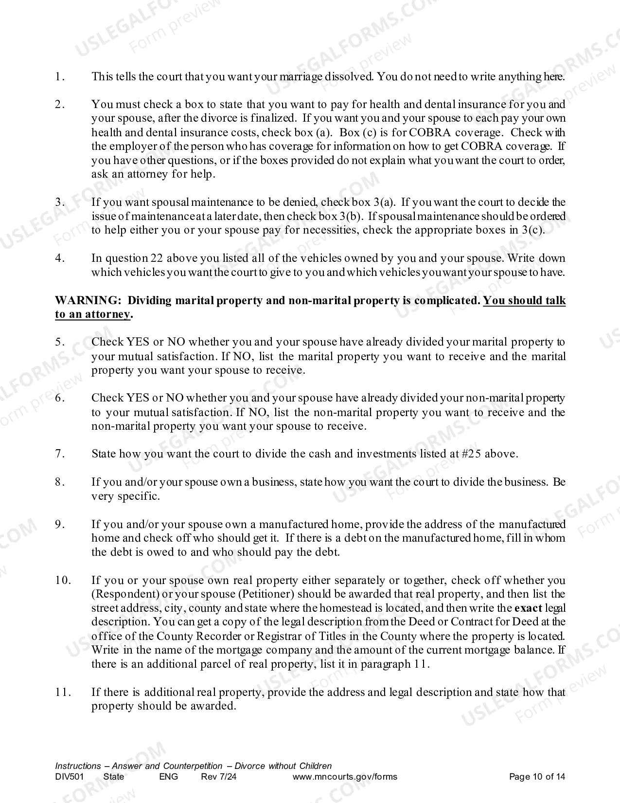 Preview Instructions - Answer and Counter Petition without Children