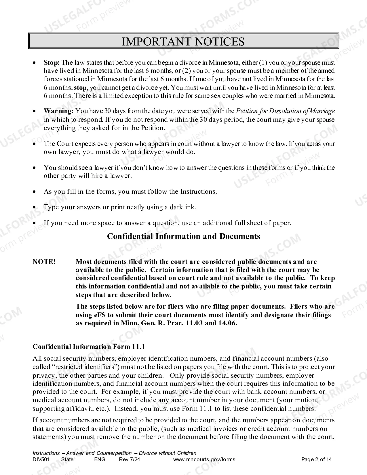Preview Instructions - Answer and Counter Petition without Children