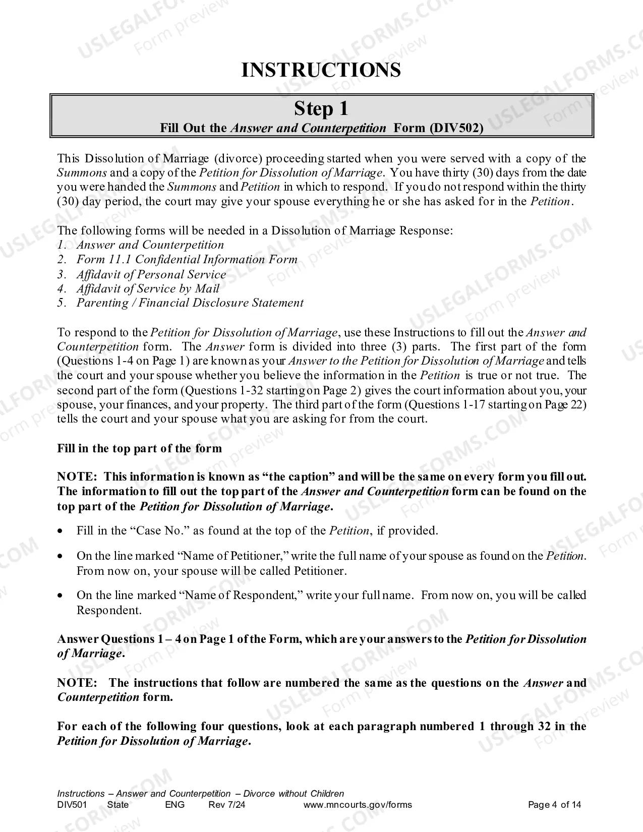 Preview Instructions - Answer and Counter Petition without Children