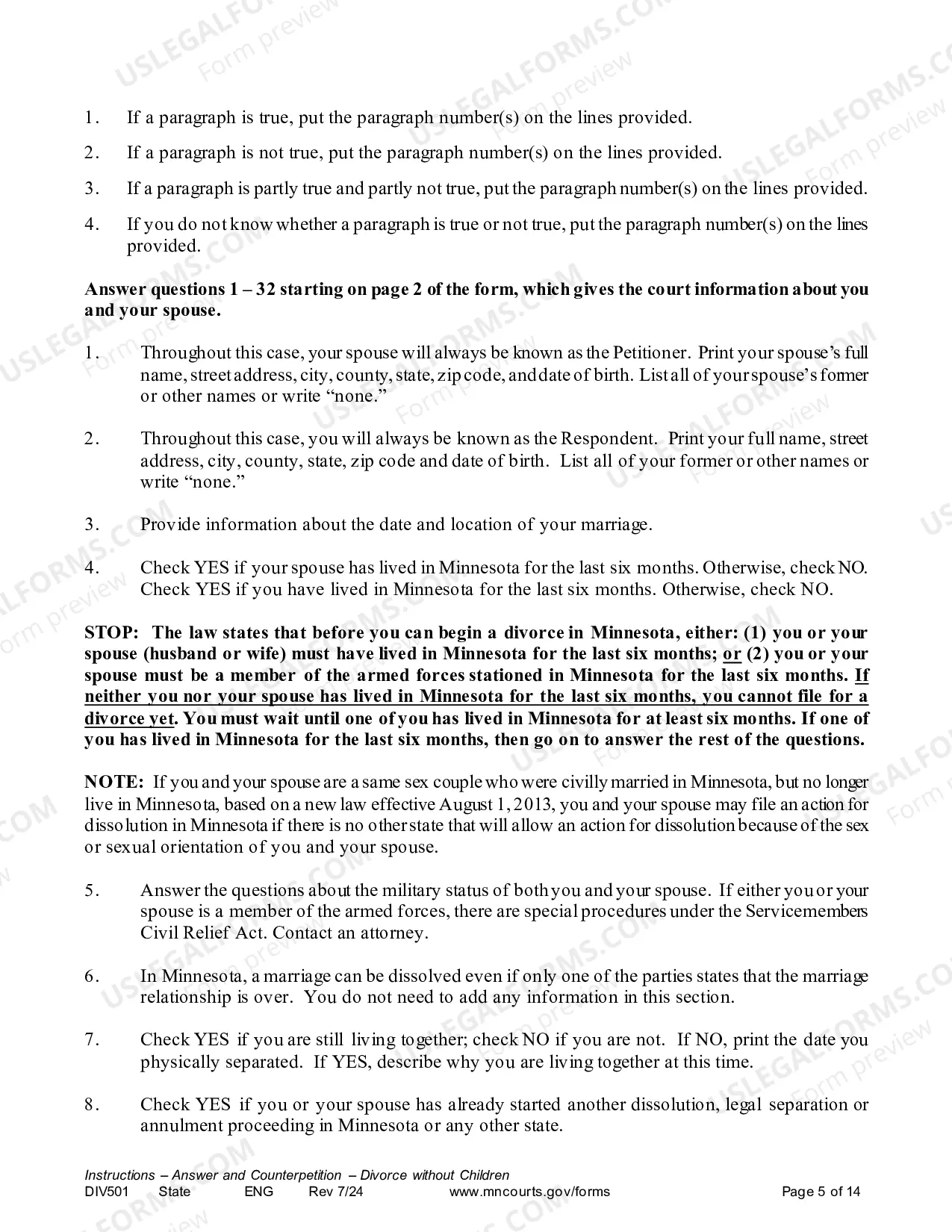 Preview Instructions - Answer and Counter Petition without Children