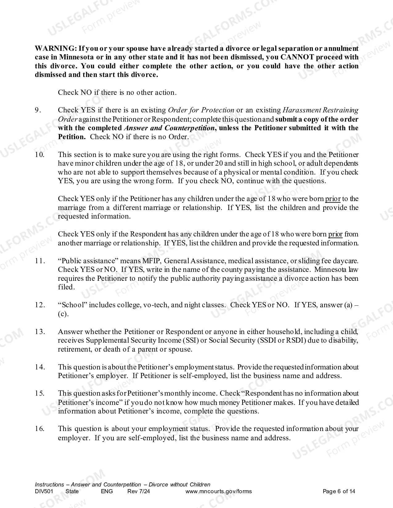 Preview Instructions - Answer and Counter Petition without Children