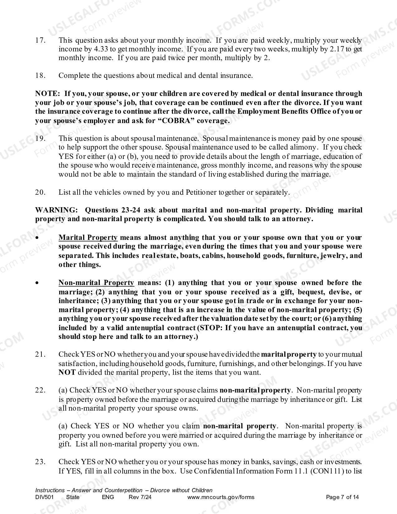 Preview Instructions - Answer and Counter Petition without Children
