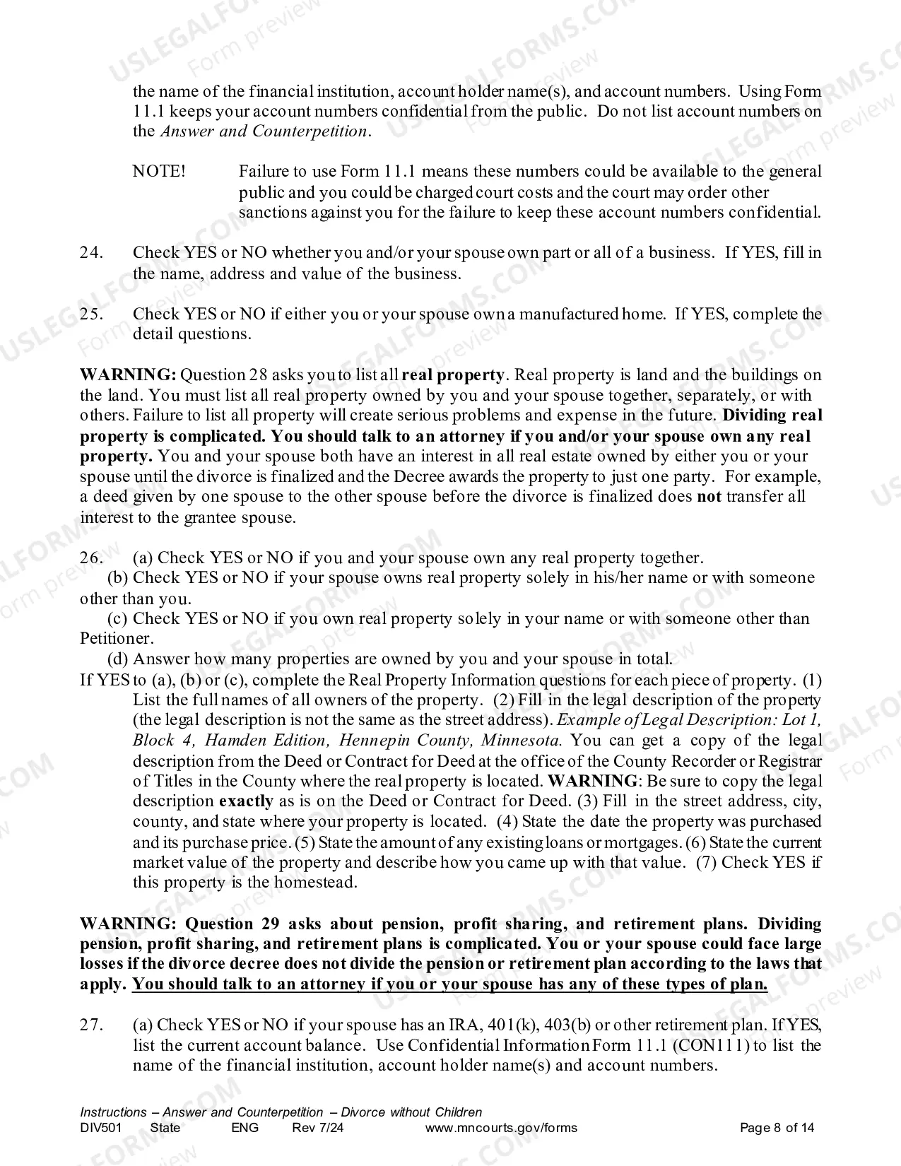 Preview Instructions - Answer and Counter Petition without Children