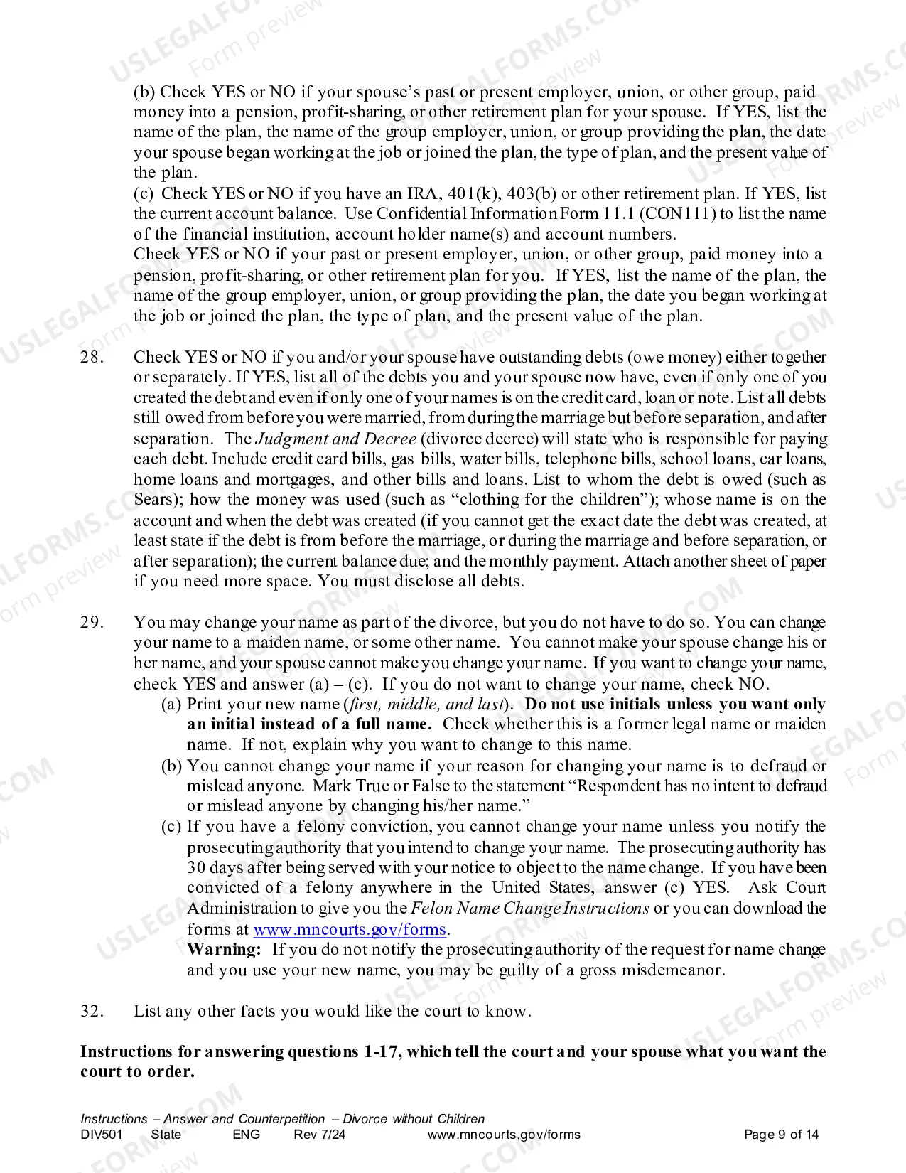 Preview Instructions - Answer and Counter Petition without Children