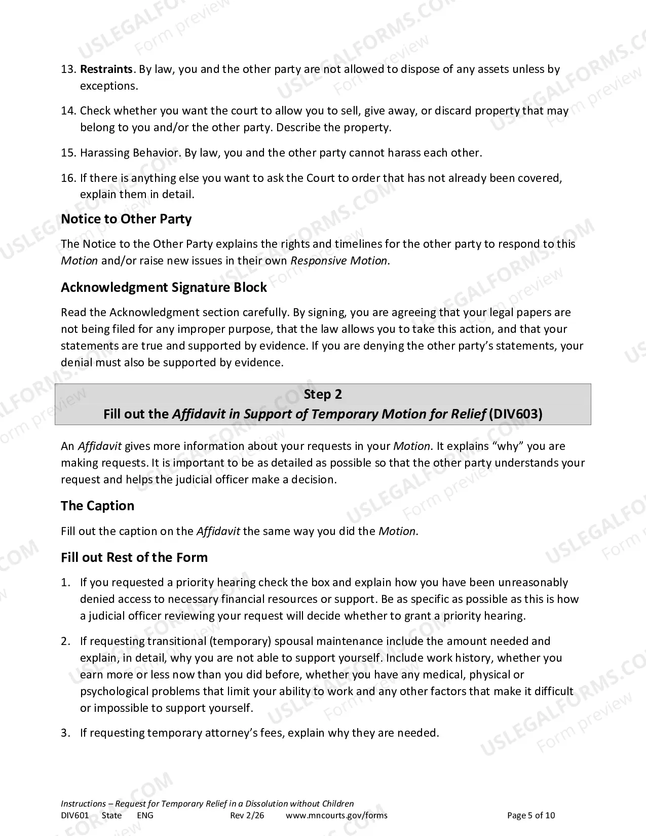 Preview Instructions - Temporary Relief Without Children