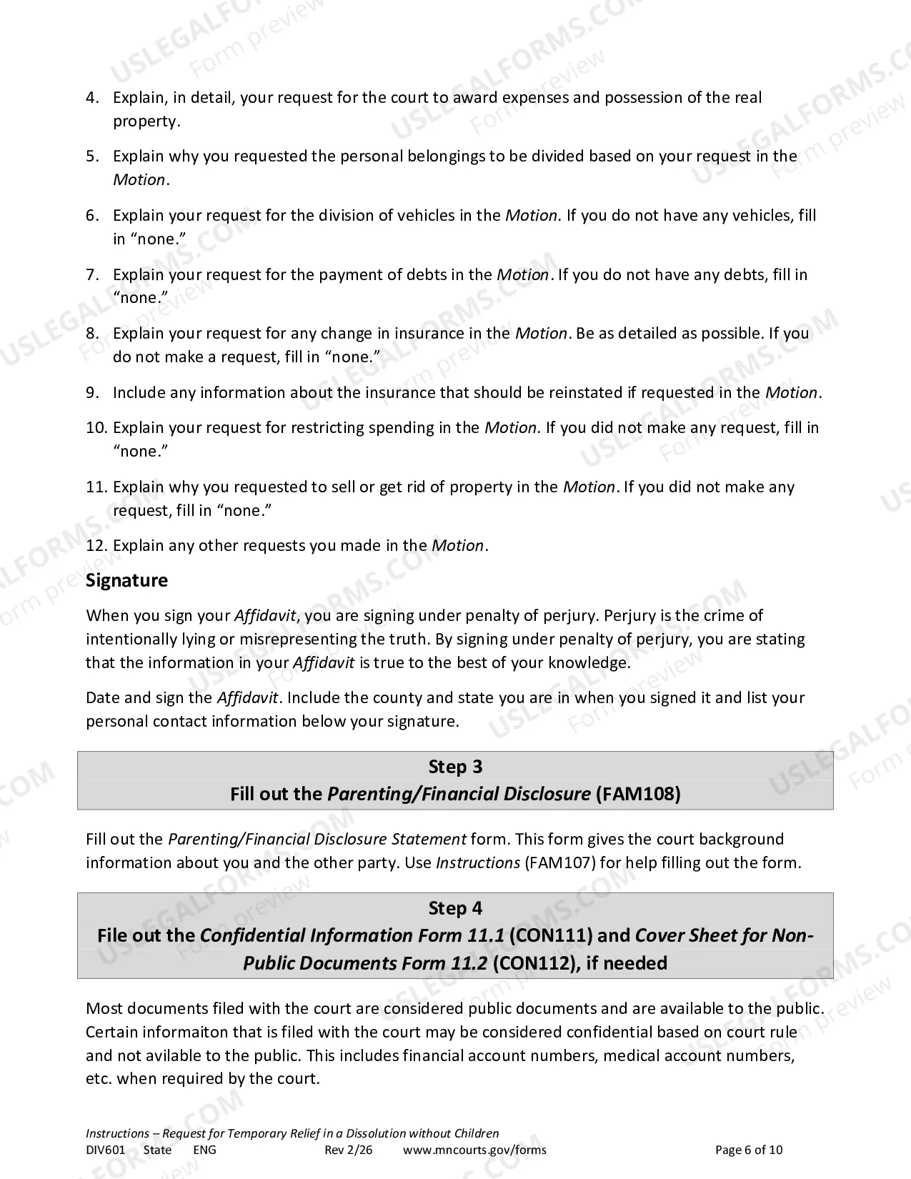 Preview Instructions - Temporary Relief Without Children