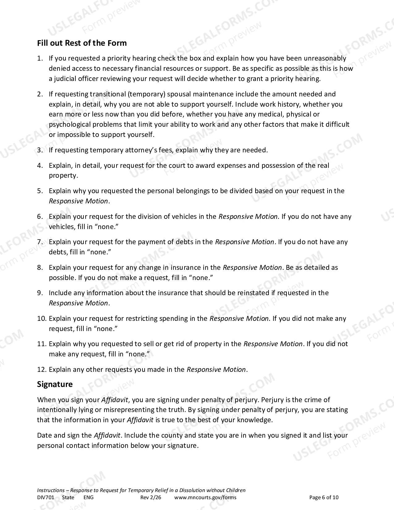 Preview Instructions - Response to Temporary Relief without Children