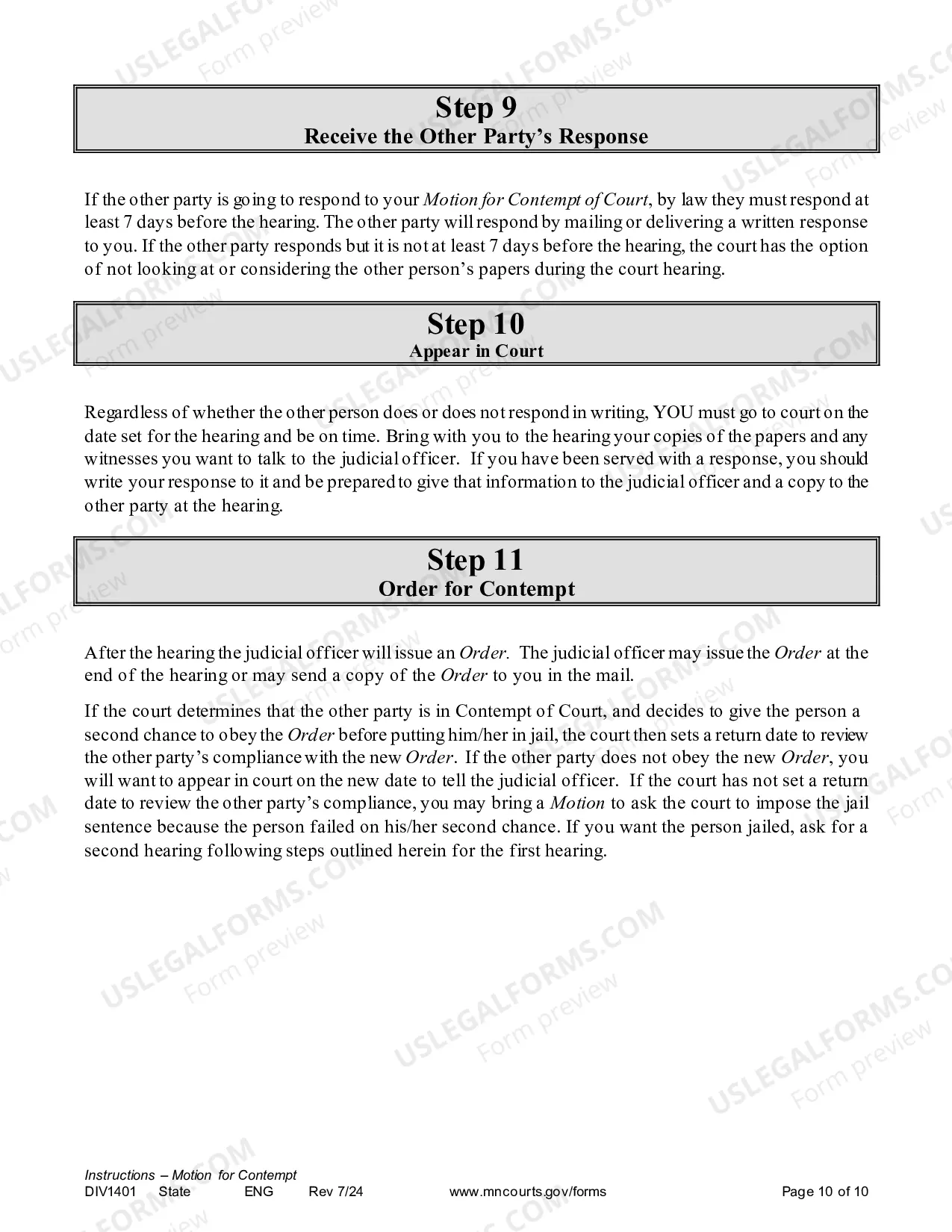 Preview Instructions - Contempt Motion for Divorce Decree