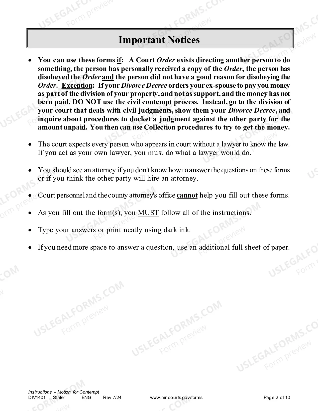 Preview Instructions - Contempt Motion for Divorce Decree