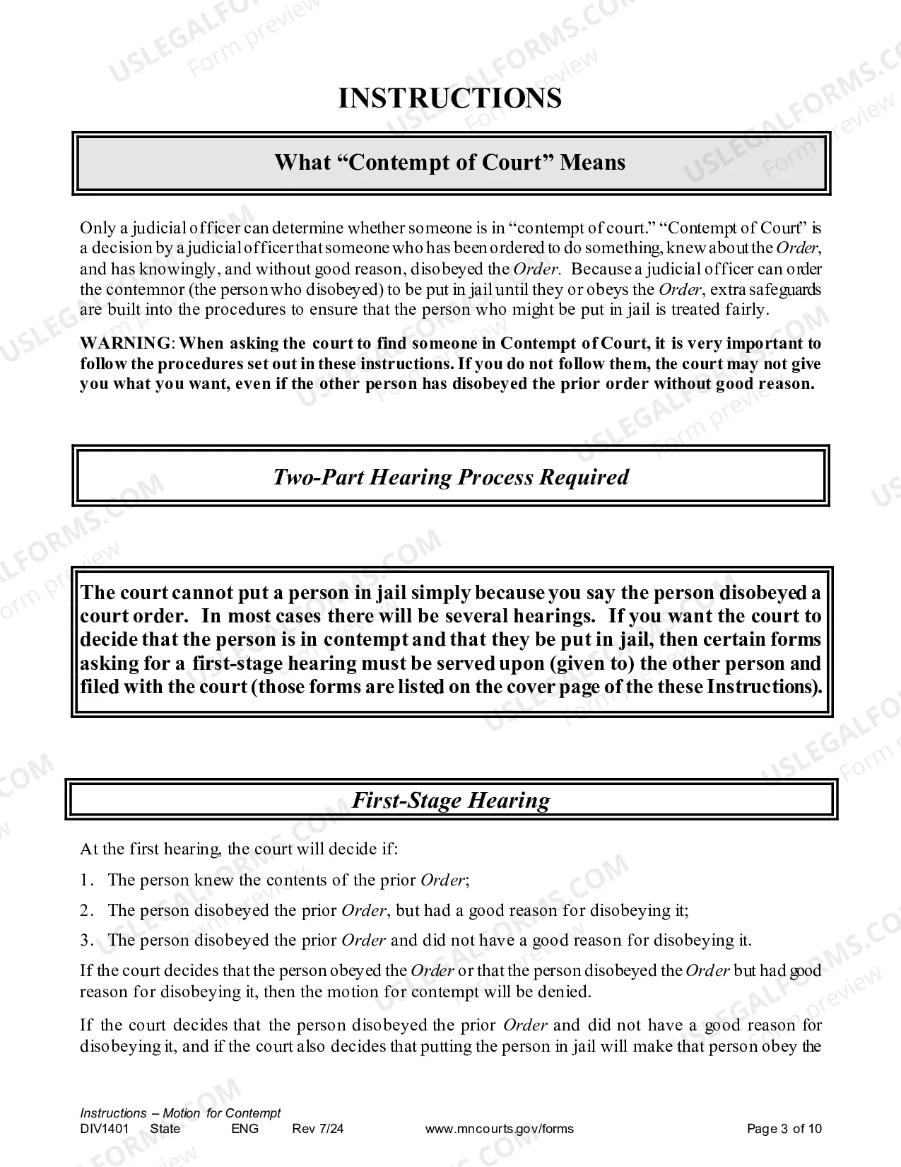 Preview Instructions - Contempt Motion for Divorce Decree