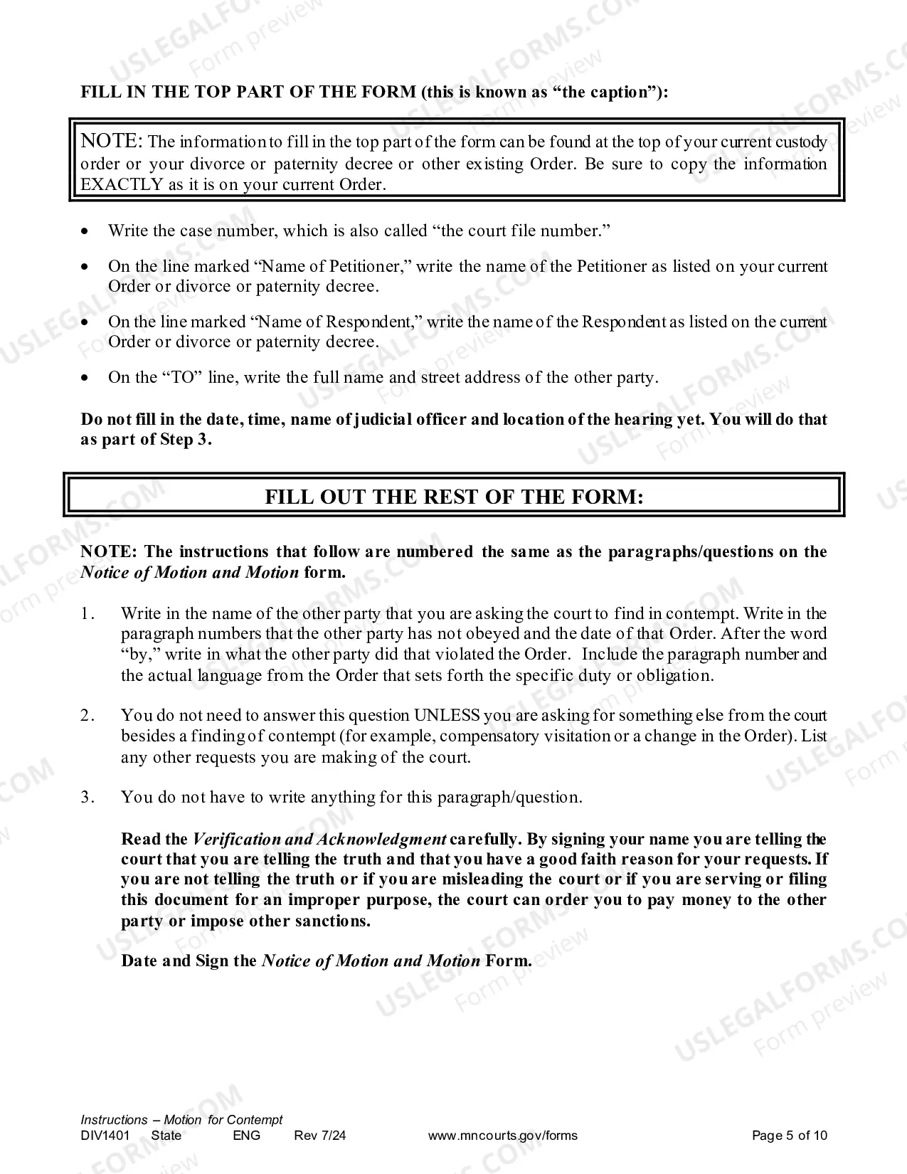 Preview Instructions - Contempt Motion for Divorce Decree